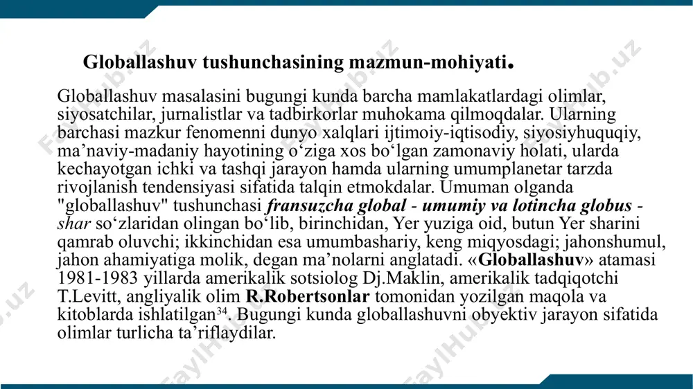 л рангда ёниш ҳолати кузатилган. оқибатда жиддий йул ҳаракати трафики бузилиши, пробка ва тез ёрдам хизмати фаолияти бузилишига олиб келган украинада электртармоғи 2015 йил охирида украина миллий электртармоғи киберхужум кузатилиб, натижада 600000 ортиқ аҳоли электртаъминотисиз қолган. ўзбекистон республикаси биринчи президенти и.а.каримовнинг “юксак маънавият-енгилмас куч” асарида қуйидагича таъкидлаанган: “таассуфки, баъзан ислом дини ва диний ақидапарастлик тушунчаларини бир-биридан фарқлай олмаслик ёки ғаразли мақсадда уларни тенг қўйиш каби ҳолатлар ҳам кўзга ташланмоқда. шу билан бирга, ислом динини ниқоб қилиб, манфур ишларни амалга ошираётган мутаассиб кучлар ҳали онги шаклланиб улгурмаган, тажрибасиз, ғўр ёшларни ўз тузоғига илинтириб, бош-кўзини айлантириб, улардан ўзининг нопок мақсадлари йўлида фойдаланмоқда. бундай ножўя ҳаракатлар аввало муқаддас динимизнинг шаънига доғ бўлишини, охир-оқибатда эса маънавий ҳаётимизга салбий таъсир кўрсатишини барчамиз чуқур англаб олишимиз ва шундан хулоса чиқаришимиз зарур киберхавфсизлик киберхавфсизлик кибермаконнинг барча ташкил этувчиларини ҳар қандай таҳдидлар, киберхуружлар ва кутилмаган таъсирлардан ҳимояланганлик ҳолати мажмуидир ҳозирги даврда фан, техника ва асосан компьютер тараққиёти маҳсули …