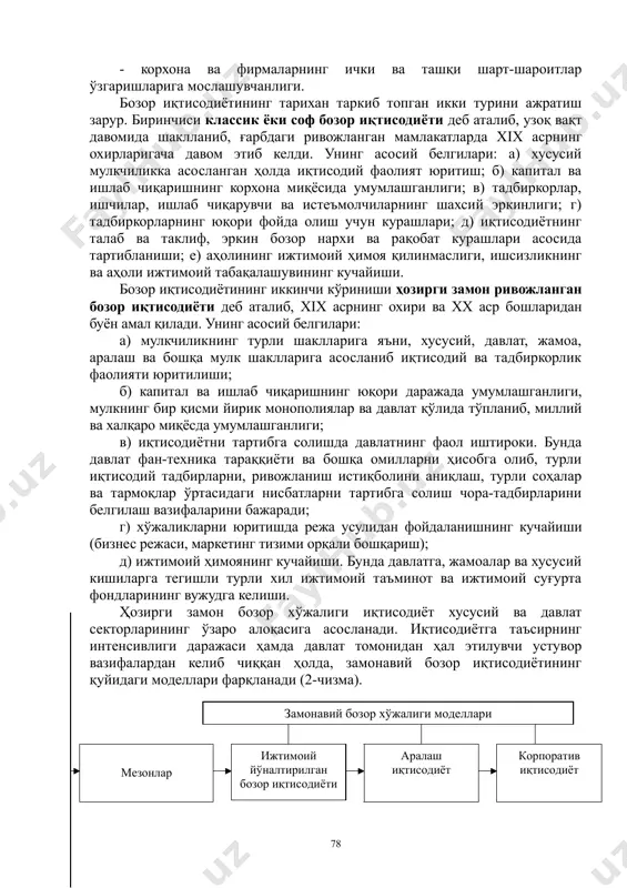 лиф ҳамда рақобат. бозор иқтисодиётининг муҳим ва умумий белгилари қуйидагилардан иборат: - турли шакллардаги мулкчиликнинг мавжуд бўлиши ва унда хусусий мулкчиликнинг устун туриши; - тадбиркорлик ва танлов эркинлиги; - рақобат курашнинг мавжудлиги; - давлатнинг иқтисодиётга чекланган ҳолда аралашуви; - корхона ва фирмаларнинг ички ва ташқи шарт-шароитлар ўзгаришларига мослашувчанлиги. бозор иқтисодиётининг тарихан таркиб топган икки турини ажратиш зарур. биринчиси классик ёки соф бозор иқтисодиёти деб аталиб, узоқ вақт давомида шаклланиб, ғарбдаги ривожланган мамлакатларда хiх асрнинг охирларигача давом этиб келди. унинг асосий белгилари: а) хусусий мулкчиликка асосланган ҳолда иқтисодий фаолият юритиш; б) капитал ва ишлаб чиқаришнинг корхона миқёсида умумлашганлиги; в) тадбиркорлар, ишчилар, ишлаб чиқарувчи ва истеъмолчиларнинг шахсий эркинлиги; г) тадбиркорларнинг юқори фойда олиш учун курашлари; д) иқтисодиётнинг талаб ва таклиф, эркин бозор нархи ва рақобат курашлари асосида тартибланиши; е) аҳолининг ижтимоий ҳимоя қилинмаслиги, ишсизликнинг ва аҳоли ижтимоий табақалашувининг кучайиши. бозор иқтисодиётининг иккинчи кўриниши ҳозирги замон ривожланган бозор иқтисодиёти деб аталиб, хiх асрнинг …