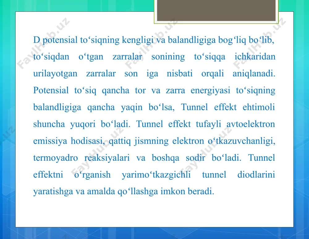 o`siq orqalio`tishi ko`p tajribalarda tasdiqlandi. masalan, metallarda elektronlarning sovuq emissiya hodisasi kuzatiladi. elektron metaldanvakuumga chiqishi uchun, ya`ni vakuum bilan metall chegarasidagipotensial sakrashni engishi uchun, unga juda katta elektr maydoni ta`sir etish kerak. lekin tunnel effekti tufayli yuz barovar kichik elektr maydoni ta`sirida ham metallarda elektronlar emissiyasi sodir bo`laveradi. qattiq jismlar fizikasida metallbilan yarim o`tkazgich, yarim o`tkazgich bilan yarim o`tkazgich chegarasidan elektr tokini o`tish qonuniyati ham ko`p hollarda shu tunnel effekti bilan tushintiriladi. image2.png image3.png image4.png