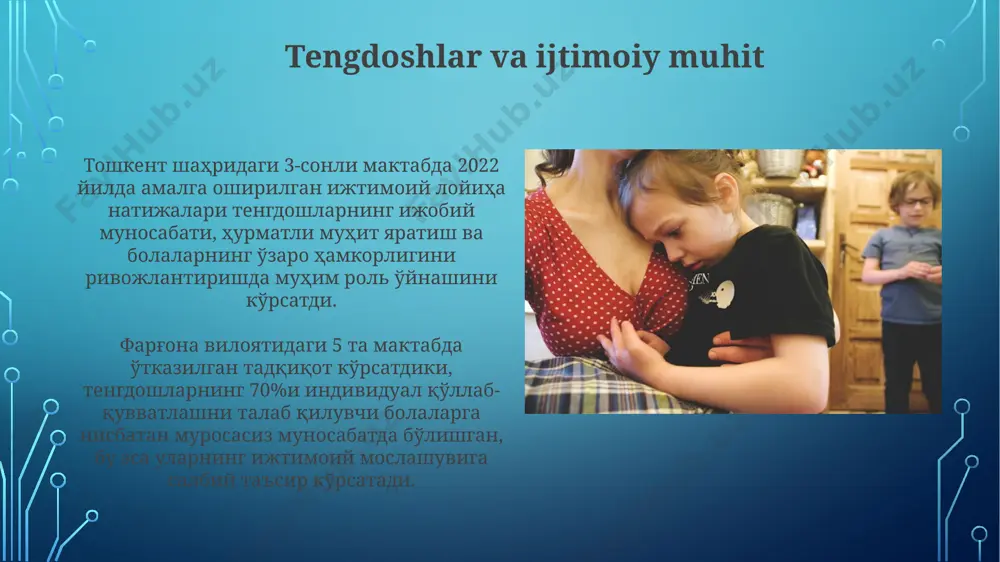 қ мутахассис инклюзив таълим бўйича 2 кунлик малака ошириш курсини муваффақиятли якунлади. sog'liqni saqlash xizmatlari sog'liqni saqlash xizmatlarining samarqand viloyatidagi 5 ta markaziy shifoxonasida 2022-yilda 1500 dan ortiq bolalar individual qo'llab-quvvatlash xizmatlaridan foydalangan. surxondaryo viloyatida 20 dan ortiq qishloq vrachlik punktlari bolalarga sog'liqni saqlash xizmatlarini, shu jumladan, maxsus ehtiyojli bolalarga individual yordam ko'rsatishni ta'minlaydi. axborot va kommunikatsiya vositalari toshkent shahridagi inklyuziv maktablarning 70% da internet tezligi va qurilmalar soni yetarli emas, bu esa onlayn taʼlim va qoʻshimcha axborot resurslaridan foydalanishni cheklaydi, shu jumladan individual dasturlarni amalga oshirishda ham. surxondaryo viloyatida 200 dan ortiq qishloq joylarda internetga kirish imkoniyati cheklangan yoki umuman yoʻq, bu individual qoʻllab-quvvatlashga muhtoj bolalar uchun axborotga kirishni qiyinlashtiradi va ularning ijtimoiy rivojlanishiga salbiy taʼsir koʻrsatadi. oilaviy muhit va qo'llab-quvvatlash samarqand viloyatidan olingan ma'lumotlarga ko'ra, 5 yoshgacha bo'lgan bolalarning 15%ida nutq rivojlanishidagi nuqsonlar kuzatiladi, bu esa oilaviy qo'llab-quvvatlash va erta aralashuv xizmatlarining muhimligini ko'rsatadi. oilaviy muhitning ijtimoiy-iqtisodiy darajasi, …