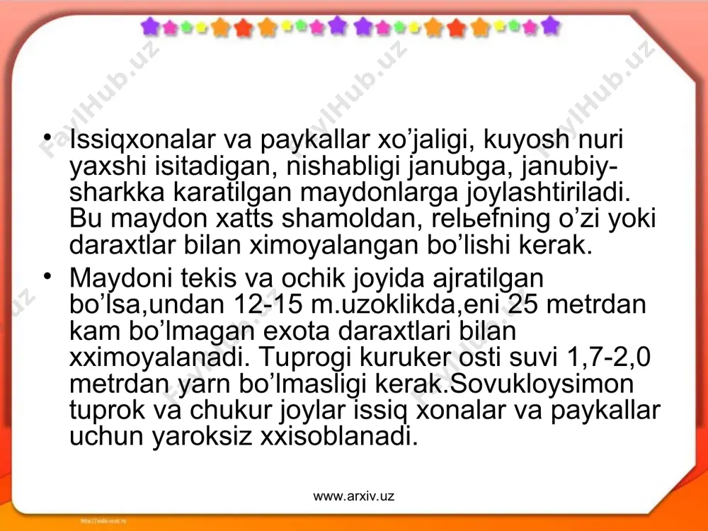 vishda eni 10 va 15 m.gung uchun joy, isitish kuvurlari uchun 8-10 m. yo’lchalar joylashtiriladi.isitiladigan ochik maydon issiq xonalar o’rtasida joylashtiriladi xamma bino inshootlarni joylashtirishda yongindan saqlash masofalari xisobga olinadi www.arxiv.uz www.arxiv.uz www.arxiv.uz www.arxiv.uz mineral ugitlarni saqlash xovlisi xujaliklar ko’prok ammiak silitrasi, superfosfat, kaliy tuzi, oxak va boshkalar, xamda gerbitsidlardan foydalaniladi. mineral o’gitlar saraydigan xovlidagi omborlar sigimini kuyidagi formula yordamida aniklandi: sp v =-------------m k bu yerda: v - mineral ugitlar saklaydigan xovlidagi omborlar sigimi tonna; s - mineral o’gitlar solinadigan yer maydoni, ga; p - bir gektarga solinadigan mineral o’git, tonna (t/ga); k - bir yilda omborlarga keltiriladigan mineral o’gitlarni xxisobga olish koeffitsenti ( xo’jaliklar uchun k = 2 ) www.arxiv.uz www.arxiv.uz www.arxiv.uz www.arxiv.uz kuruk mineral o’gitlar va zaxarli ximikatlarnn satslash uchun odatda to’rri burchakli, isitilmaydigan, yopik omborlar, ekin ekiladigan dalalarga yakin joylarga kuriladi. xar turli mineral o’gitlar uchun taxtalardan ishlangan joylarga to’kiladi. ombor o’rtasida transport yuradigan yo’lchalar koldiriladi. …