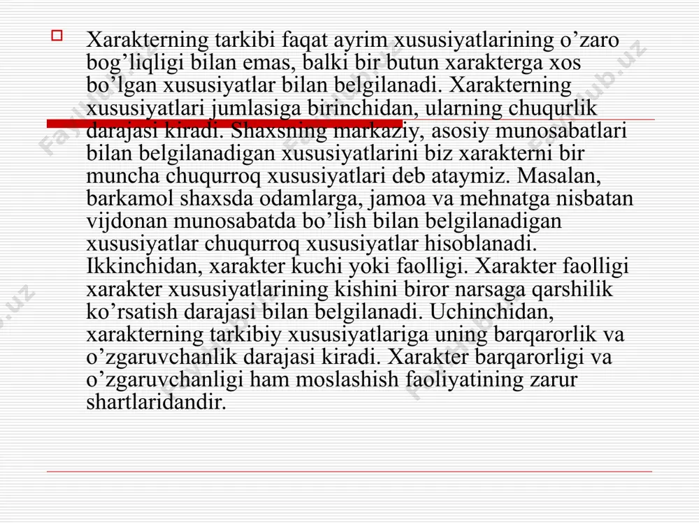 biyalash va tuzatish mumkin. u.sheldon, e.fromm, k.leongard va a.e.lichkolar tomonidan ham shunday tipologiyalar tavsiya etilgan. inson xarakterining barcha tipologiyalari quyidagi asosiy g’oyalarga muvofiq tarzda tashkil etilgan. 1.inson xarakteri uning ontogenetik taraqqiyoti mobaynida namoyon bo’la boshlaydi va butun hayot davomida barqaror bo’lib boradi. 2.xarakter tarkibiga kirgan xususiyatlar tasodifiy uyushgan emas. ular xarakter tipologiyasini tuzish imkonini beruvchi bir-biridan farq qiluvchi tiplardan iborat. 3.mazkur tipologiyaga ko’ra ko’pchilik kishilarni ma'lum guruhlarga birlashtirish mumkin. e.krechmer odam tanasining tuzilishi va konstitusiyasiga ko’ra, eng ko’p uchraydigan uchta tipni ajratib ko’rsatgan (astenik, atletik, piknik). ularning har biri shaxsni ma'lum xarakter tiplari bilan bog’langan bo’lsa ham, aslida hech qanday ilmiy asoslab bo’lmaydi. 1.astenik tip - krechmer fikricha, uncha katta bo’lmagan gavda tuzilishli, o’rtacha yoki undan balandroq bo’yli, oriq kishilardir. asteniklarning tana va yuz terisi nozik, yelkasi tor, yassi, mushaklari yaxshi rivojlanmagan. 2.atletik tip - skelet va mushaklar yaxshi rivojlangan, o’rtachadan yuqori, baland bo’yli, keng elkali, kuchli ko’krak qafasli, boshini …