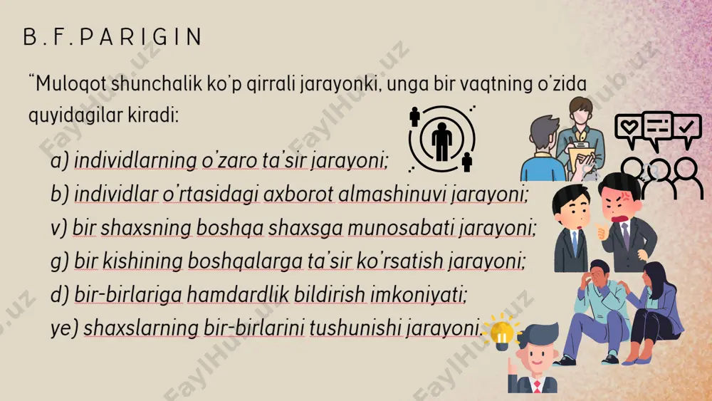 gan noto‘g‘ri qarashga asoslanadi. "yoshlar mas'uliyatsiz va tajribasiz" — yoshlarning qaror qabul qilishda xatolarga yo‘l qo‘yishi yoki noto‘g‘ri harakat qilishi haqidagi stereotip. tashqi ko‘rinishga asoslangan stereotiplar: "katta bo‘yli odamlar lider bo‘ladi" — katta jismoniy qomati bo‘lgan odamlarga liderlik qobiliyatini taalluqli qilish. "chiroyli odamlar aqlli yoki muvaffaqiyatli bo‘ladi" — tashqi ko‘rinishiga qarab insonni yuqori sifatlar bilan baholash stereotipi. odamlar birinchi marta ko‘rgan odam haqida tasavvurga ega bo‘lish maqsadida uning tashqi qiyofasi bilan xarakteri o‘rtasida bog‘liqliklar o‘rnatishga harakat qilarkan. ijtimoiy pesepsiya psixologik jihatdan murakkab bo‘lib, unda muloqotga kirishayotgan tomonlarning har biri alohida ana shu idrokning ham ob’ekti, ham sub’ekti bo‘lib faoliyat ko‘rsatadilar. idrokning ob’ekti “boshqa odam obrazi” odamning tashqi qiyofasi, uning kiyinishi, o‘zini tutishi, hissiy holati, ovozi, nutqi, qiliqlari, yurishi yuzi katta ahamiyatga ega odamlarning bir-birlarini to‘g‘ri idrok qilishlari ularning perseptiv, ya’ni hissiy bilish (idrok, sezish) sohasiga aloqador bo‘lsa, bir-birlarini tushunish esa ularning tafakkur sohasiga bevosita taalluqli bo‘lib, murakkab jarayondir. empatiya to‘g‘ri …