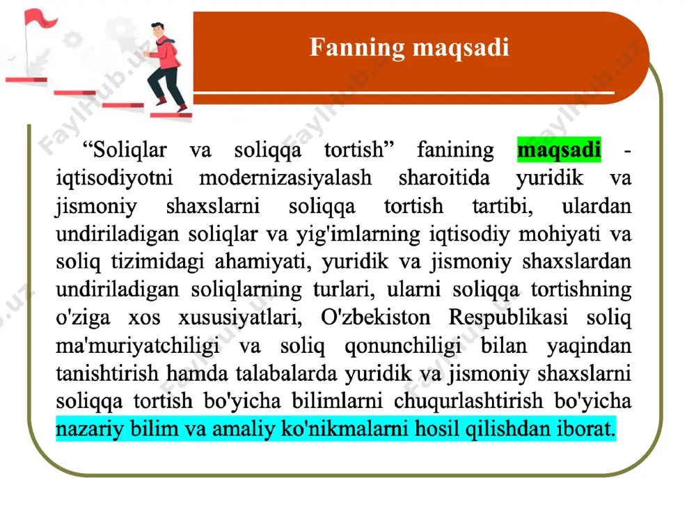 mkorligi prinsipi 10-modda. adolatlilik prinsipi 11-modda. soliq tizimining yagonaligi prinsipi 12-modda. oshkoralik prinsipi 13-modda. soliq to'lovchining haqligi prezumpsiyasi prinsipi “soliqlar va soliqqa tortish” fanining maqsadi va vazifalarini izohlang. “soliqlar va soliqqa tortish” faning predmeti va boshqa fanlar bilan o'zaro bog'liqligini izohlang. “yuridik shaxs” tushunchasini izohlang va ularni soliqqa tortishning qanday tartiblarini bilasiz? soliqlar va yig'imlar tizimi deganda nimani tushunasiz? soliq va yig'imlar deganda nimani tushunasiz? o'zbekiston soliq tizimida amalda bo'lgan soliqlar va yig'imlarga tavsif bering? yuridik shaxslarni soliqqa tortishning asosiy prinsiplarini izohlang. soliq solishning majburiyligi prinsipini izohlang. soliq solishning aniqligi va soliq organlarining soliq to'lovchilar bilan hamkorligi prinsipini izohlang soliq solishning adolatliligi prinsipini izohlang. soliq tizimining yagonaligi prinsipini izohlang. o‘z-o‘zini nazorat qilish uchun savollar: soliq to'g'risidagi qonun hujjatlarining oshkoraligi prinsipini izohlang. soliq to'lovchining haqligi prezumptsiyasi prinsipini izohlang. maxsus soliq rejimlarini izohlang. soliq munosabatlarining sub'ektlari, ularning huquqlari va majburiyatlarini izohlang. soliqlarning elementlariga tavsif bering. davlat byudjeti daromadlarini shakllantirishda soliqlarning ahamiyatini izohlang. …