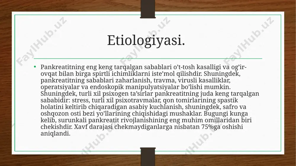 r, fermentlarning normal hajmi bilan bikarbonatlar ishlab chiqarishning pasayishi), obstruktiv. gipersekretor pankreatit bilan birinchi 2-4 kun davomida ochlik belgilanadi, so’ngra ular 5-sonli parhez stoliga o’tadilar. og’riq qoldiruvchi vositalar, antibiotiklar va boshqa dorilar ham buyuriladi. birinchi vosita – shifokor tomonidan tavsiya etilgan parhez (№5). ovqatlar orasidagi tanaffus kunduzi to’rt soatdan oshmasligi kerak. sekretor yetishmovchiligi bo’lgan pankreatit, pankreatinga asoslangan ferment preparatlari shaklida almashtirish terapiyasini talab qiladi.shuningdek, adabiyotlarga ko’ra, angiotenzinga aylantiruvchi ferment ingibitorlarini (perindopril)[5] qo’llash ijobiy natijalar beradi.oshqozon osti bezi kanalining obstruktsiyasi bo’lsa, jarrohlik yoki teri orqali (punksion) davolash ko’rsatiladi.oshqozon osti bezining uzoq muddatli oqmasi bilan jarrohlik yoki minimal invaziv punksion davolash qo’llaniladi.psevdotumoroz pankreatit haligacha jiddiy muammo bo’lib qolmoqda. ko’pincha uni oshqozon osti bezi saratonidan ajratish mumkin emas, shuning uchun davolash asosan o’ziga xos klinik holatga bog’liq. image5.png image6.png image7.jpeg image3.png image4.png /docprops/thumbnail.jpeg
