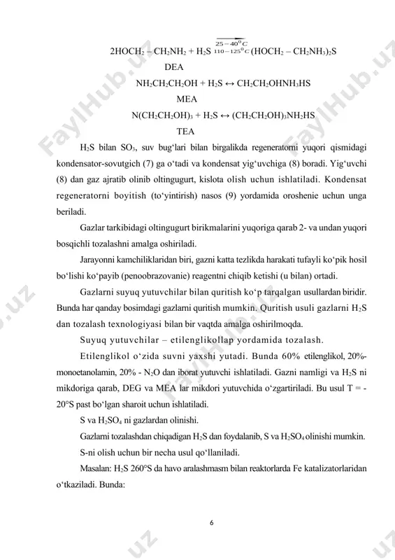 meevik (ilonsimon) sovutgich (5) sovuq suvda ishlaydi va sovutiladi. kondensatsiyalangan s yig‘uvchi idish (12) ga boradi. 4-chi kolonnadan chiqayotgan gaz 6-qizdirgichda qizdiriladi (260°s gacha) va 7- reaktorga uzatiladi. reaktor tabiiy boksit bilan to‘ldirilgan bo‘lib, u h2s ni yanada to‘liq aralashishiga olib keladi. reaktordan chiqayotgan gazlar qozon (3) dan kelayotgan suv yordamida sovutiladi – ekonomayzerda (8) va u (9) – yuvuvchi kolonnaga boradi. bu kolonnani pastki qismida ham sovutuvchi zmeevik – 10 joylashgan. hosil bo‘lgan s – 12 – yig‘uvchiga yuboriladi. 9-chi kolonnadan chiqayotgan gazlar 11 – mo‘riga borib, u yerda oxirigacha yoqiladi (h2s ni qolgan qismi): so2:n2 = 2:1 → reaktorga n2so4 ni olinishi (n2s dan) uchta asosiy bosqichdan iboratdir. bular: n2s ni havo bilan yoqish (so2 olish uchun), so2 ni katalizator yordamida so3 gacha oksidlash, n2so4 ni olish. 3-rasm. n2so4 ni olish sxemasi. n2s ni yoqishda katta q chiqadi, shuning uchun tutashtiruvchi qurilmaga gaz aralashmasi sovutilib borishi kerak. n2s …
