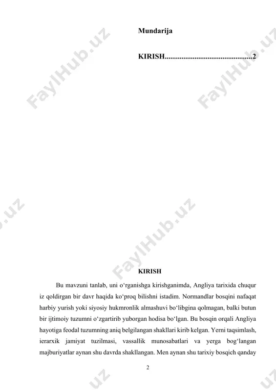 li ta’sir ko‘rsatgan. bugungi kunda ushbu tarixiy jarayonni o‘rganish nafaqat ingliz jamiyati shakllanishini tushunish, balki umuman yevropadagi feodal tizim evolyutsiyasini chuqur anglash uchun ham muhim ahamiyatga ega. mavzuning o‘rganilganlik darajasi: ushbu mavzu bo‘yicha ilmiy manbalarni o‘rganar ekanman, normandlar bosqini va uning angliya tarixidagi o‘rni ko‘plab tarixchilar tomonidan chuqur yoritilganini ko‘rdim. asosan xorijiy manbalarda bu davrning siyosiy va ijtimoiy jihatlari keng tahlil qilingan. turli tarixiy tadqiqotlarda normandlar bosqinidan keyingi yer munosabatlari, feodal tizimning shakllanishi va uning angliya jamiyatiga ta’siri haqida muhim fikrlar bayon etilgan. ingliz tarixchilari bu bosqichni mamlakat feodal tuzumining asosiy poydevori sifatida ko‘rsatadi. men o‘rgangan manbalarda bu jarayonning ayrim tafsilotlari chuqur yoritilgan bo‘lsa-da, feodal munosabatlarning to‘liq rivojlanish yo‘li har doim ham bir xil talqin qilinmagan. shu sababli bu mavzuni mustaqil ravishda o‘rganish orqali mavjud qarashlarni solishtirib, xolis xulosa chiqarishga harakat qildim. kurs ishining maqsadi. ushbu kurs ishini yozishdan asosiy maqsadim — normandlar bosqinining angliya tarixidagi o‘rni va aynan shu …