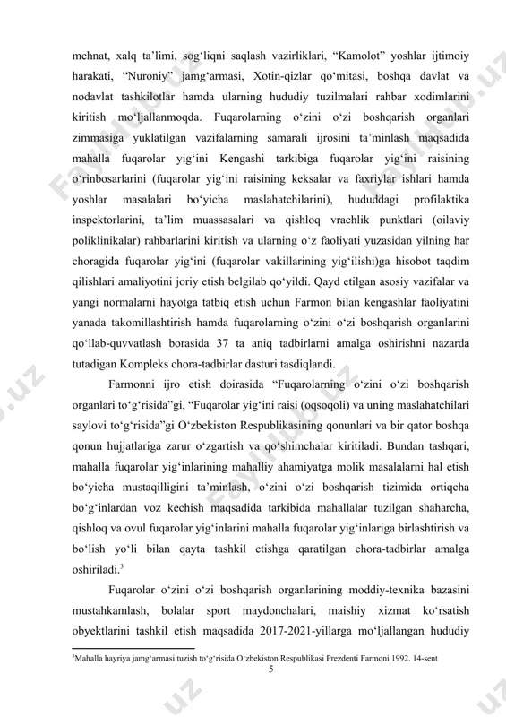 umanlar va shaharlar markazlarida “mahalla markazi” majmualari binolarini namunaviy loyihalar asosida barpo etishga qaratilgan chora-tadbirlar amalga oshiriladi. shu bilan birga, fuqarolar o‘zini o‘zi boshqarish organlarining zimmasiga yuklatilgan vazifalarning amalga oshirilishiga munosib hissa qo‘shgan tashabbuskor fuqarolar va jamoatchilik tuzilmalari vakillariga taqdim etiladigan “mahalla iftixori” ko‘krak nishonini ta’sis etish nazarda tutilmoqda. farmonda hamda u bilan tasdiqlangan kompleks chora-tadbirlar dasturida nazarda tutilgan tadbirlarning amalga oshirilishi fuqarolarning o‘zini o‘zi boshqarish organlari zimmasidagi vazifalarni samarali bajarish, ularning faoliyatini muvofiqlashtirish, davlat organlari va fuqarolik jamiyati institutlari bilan o‘zaro hamkorligini yanada mustahkamlash imkonini beradi. kurs ishini o’rganishning maqsad: o‘zbekistonda fuqarolik jamiyatining barpo etishda mahalla institutining rolini va uning jamiyat hayotida tutgan o‘rnini o‘rganish va tahlil qilishdan iborat. kurs ishini o’rganishning vazifalari: mavzu maqsadidan kelib chiqqan holda uning quyidagi vazifalari belgilandi va qayt etildi. mahallaning tarixi va rivojlanish bosqichlari o‘rganish; mahalla davlat va jamiyat taraqqiyotining omili ekanligini asoslab berish; o‘zbekistonda fuqarolik jamiyatining barpoetishda mahalla institutining o‘rni va roli …