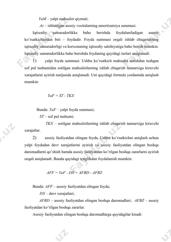 rni hisobdan chiqarishdan olingan daromadlar; · xo’jalikning umumiy ovqatlanish shaxobchalaridan tushumlar va yordamchi xizmatlardan daromadlar sifatidagi boshqa daromadlar; - davlat subsidiyalari va xolisona moliyaviy yordamlar. 3) umumxo’jalik faoliyatidan olingan foyda. ushbu ko’rsatkichni aniqlash uchun asosiy faoliyatdan olingan foydaga moliyaviy faoliyatdan olingan daromadlarni qo’shish va moliyaviy faoliyat bo’yicha xarajatlarni ayirish orqali aniqlanadi. bunda quyidagi formuladan foydalanish mumkin: uff = aff + mfd – mfx bunda: uff – umumxo’jalik faoliyatdan olingan foyda; mfd – moliyaviy faoliyat daromadlari; mfx – moliyaviy faoliyat bo’yicha xarajatlar. moliyaviy faoliyatdan olinadigan daromadlarga quyidagilar kiradi: · olingan royaltilar va sarmoya transferi; · o’zbekiston respublikasi hududida yoki uning tashqarisida boshqa xo’jalik yurituvchi subyektlar faoliyatida ulush qo’shgan holda qatnashishdan olingan daromad, aksiyalar bo’yicha olingan dividendlar hamda obligatsiyalar va xo’jalikka tegishli qimmatli qog’ozlar bo’yicha daromadlar; · mol-mulkni uzoq muddatga ijaraga berishdan olingan daromadlar; · chet el valyutasi bilan operatsiyalar bo’yicha ijobiy kurs tafovuti; · qimmatli qog’ozlarga, sho’ba korxonalarga va boshqalarga sarflangan …