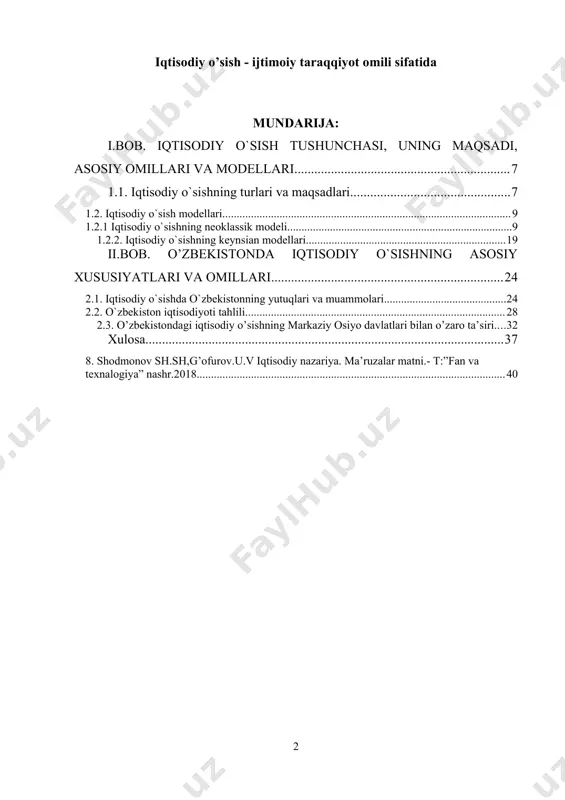 tarkibiy qismi bo'lib, o'z ifodasini real yamm (yaim) hajmining va aholi jon boshiga ko'payishidan topiladi. iqtisodiy o'sishga tarixiy jihatdan yondashilganda, u bir xil sur’atlarda va bir tekis bormaganini ko`rish mumkin. tarixda iqtisodiy o'sish sur’atlarining jadallashish, jiddiy pasayish va xatto cheklanish davrlari ma'lum. agar katta tarixiy bosqichlar olib qaraladigan bo'lsa, jahon va milliy iqtisodiyotda, barqaror iqtisodiy o'sish, ishlab chiqarishning har tomonlama taraqqiyot manzarasi hosil bo'ladi. shu bilan birga iqtisodiy o'sish nafaqat miqdor, balki muayyan sifat o’zgarishlari shaklida ham namoyon bo'ladi. shunday ekan iqtisodiy o'sish bevosita yalpi milliy mahsulot miqdorining mutloq va aholi jon boshiga hamda iqtisodiy resurs xarajatlari birligi hisobiga ko'payishi hamda sifatining takomillashuvida ifodalanadi. makroiqtisodiy darajada iqtisodiy o'sishning asosiy qiymat ko’rsatkichlari quyidagalar hisoblanadi: · yamm (smm) yoki milliy daromad xajmining real ko'payishi; · yamm (smm) yoki milliy daromadning aholi jon bosh hisobiga o'sishi; · yamm (smm) yoki milliy daromadning iqtisodiy resurs xarajatlari birligi hisobiga ortishi. iqtisodiy o`sishga erishish maqsadida turli …