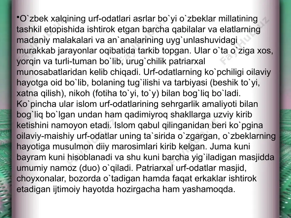 paytidir. to`y kuni kuyovnikida to`y oshi (palov) tayyorlanadi va kelinnikiga yuboriladi, u yerda u dasturxonga tortiladi. xuddi shunday osh kuyovning uyida ham o`tkaziladi. to`y kuni masjidning imomi ikki yoshga «xutbai nikoh» ni o`qiydi, shundan so`ng ular xudo oldida er-xotin deb e`lon qilinadi. imom yoshlarga er va xotinning huquqlari va majburiyatlarini tushuntiradi. odatda nikoh o`qilganidan so`ng yoshlar o`zining fuqarolik nikohini qayd etish uchun zags ga boradi. to`y kuni kelinnikida kuyovga sarpo (to`yga sovg`a qilingan kiyimlar va poyafzal) kiydiriladi, shundan so`ng kuyov o`z oshnalari bilan kelinning ota-onasi huzuriga salom berish uchun boradi. kuyovning oshnalari bilan qaytganidan so`ng kelin ham keladi. kuyovning uyiga yuborishdan avval kelinnikida ota-ona bilan xayrlashish marosimi bo`lib o`tadi. kelin bilan birga yaqin o`rtoqlari ham boradi. ular qo`shiqlarni aytadilar («o`lan» va «yor-yor» qo`shiqlari). kelinni kuyovning uyida kutib olishdan haqiqiy to`y boshlanadi. to`y tugaganidan keyin kuyov kelinni ikki yosh uchun ajratilgan xonaning eshigigacha kuzatadi. xonada kelinni «yanga» (odatda kelinga yaqin bo`lgan …