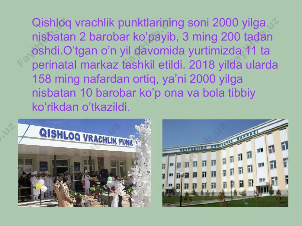 h darajasi 59% 48% davolash samaradorligi: 5 yillik ko'krak bezi saratoni omon qolish darajasi 85% 56% kasalxona sharoitida 4,4% (kasalliklar uchun yurak-qon tomir tizimlari) 8% davolash paytida tibbiy xatolik haqida xabar bergan bemorlar soni 5–6% o'lchanmagan rossiya federatsiyasi va oecd mamlakatlarida tibbiy yordam sifati darajasi evropa ijtimoiy tadqiqoti: rossiya va 25 evropa mamlakatlari qiyosiy kontekstida asosiy ijtimoiy, siyosiy va madaniy o'zgarishlarni o'rganish. analitik hisobot. mart 2009. 2002-2008 yillar holatiga ko'ra tibbiyot tashkilotlari binolarining texnik holati kasalxona muassasalari poliklinikalar binolar soni 29551 6761 yaroqsiz holatda 550 (1,9%) 58 (0,9%) qayta qurishni talab qiladi 1441 (4,9%) 288 (4,3%) katta rekonstruksiyaga muhtoj 7450 (25,2%) 1653 (24,4%) ularda yo'q suv ta'minoti 2453 (8,3%) 281 (7,0%) issiq suv ta'minoti 8804 (29,8%) 1556 (23,0%) markaziy isitish 2722 (9,2%) 602 (8,9%) kanalizatsiya 2846 (9,6%) 522 (7,7%) sog'liqni saqlash inqirozini hal qilish uchun echimlar (2004-2011) 1. qo'shimcha dori vositalari bilan ta'minlash 2. imtiyozlarni monetizatsiya qilish 3.milliy ustuvor loyiha …