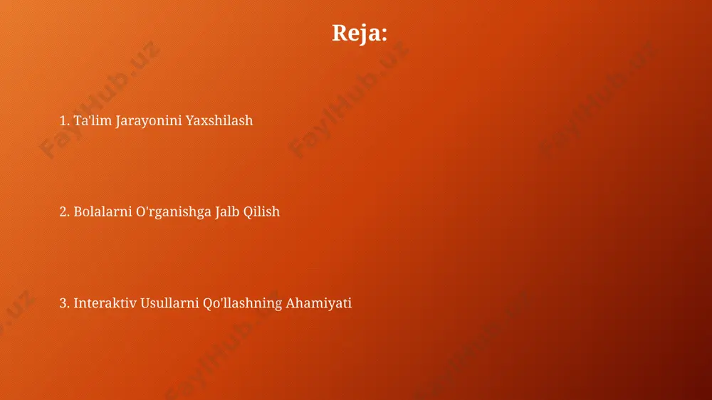 lar bilan oʻqitishni an'anaviy usullarga nisbatan samaraliroq deb baholadilar. zamonaviy texnologiyalar, masalan, 21-asr koʻnikmalarini rivojlantirishga qaratilgan interfaol oʻyinlar va dasturlar orqali, toshkentdagi maktablarda oʻquv jarayonini 30% ga samaraliroq qiladi. oʻquvchilarning faol ishtiroki oʻquv jarayonida 5-sinf oʻquvchilarining faol ishtirokini taʼminlash uchun samarqanddagi 2 ta maktabda oʻtkazilgan tadqiqotlar shuni koʻrsatdiki, interfaol usullar bilim darajasini 15% ga oshirgan. surxondaryo viloyatining 10 ta maktabida amalga oshirilgan loyihada, oʻquvchilarning faol ishtiroki bilan oʻtkazilgan darslar natijalari, passiv usullar bilan taqqoslaganda, 20% yuqori boʻlganligini koʻrsatdi. bilish jarayonini tezlashtirish andijon viloyatidagi 1-sinf oʻquvchilari bilan oʻtkazilgan tajriba shuni koʻrsatdiki, rasmli kartalardan foydalanish orqali soʻz boyligini oshirish, oʻrtacha 15 ta yangi soʻz bilishini 1 hafta ichida ta'minlaydi. oʻquv jarayonini tezlashtirish uchun interfaol usullar, masalan, 5-sinf oʻquvchilariga samarqand tarixini oʻrgatishda virtual sayohatlardan foydalanish, bilim egallash tezligini 20% ga oshirishi mumkin. interaktiv usullar nimani anglatadi? samarqanddagi 3-maktab tajribasida koʻrsatilganidek, interaktiv usullar, jumladan, "aqliy xarita" va "klaster" texnologiyalari, oʻquv maʼlumotlarini 30% ga yaxshiroq …