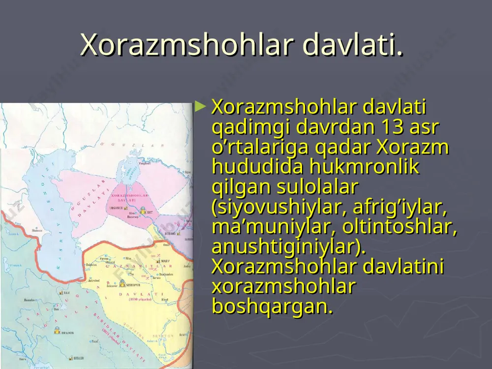 htirib, xorazmshoh unvonini oladi. 995 y.da afrig’iylar sulolasi barham topib, ma’muniylar sulolasi hukmronligi boshlanadi. shu davrdan boshlab gurganchj (ko’hna urganch) xorazmshohlar davlatining poytaxti bo’lib kelgan. ma’muniylar sulolasida 3 ta shoh davlat hokimiyatini boshqargan. ma’mun ibn muhammad (995—997), ali ibn ma’mun (997—999), ma’mun ibn ma’mun (999—1017). 10-a. oxiri — 11- a. boshlarida o’rta osiyodagi og’ir siyosiy vaziyatga qaramasdan qisqa vaqt xukmronlik qilgan ma’muniylar sulolasi xorazmshohlar davlatini ijtimoiy, siyosiy, iqtisodiy va madaniy jihatdan rivojlantirdi. anushteginlar sulolasi qutb at din muxammad i 1097—1127 ma’muniylar davrida xorazmshohlar davlatida ilm-fan, madaniyat ravnaq topib, xorazm ma’mun akademiyasi tashkil qilindi. unda xizmat qilgan buyuk qomusiy olimlar, allomalar uzlarining ajoyib kashfiyotlari va asarlari bilan xorazmshohlar davlati ning mavqeini o’z davri va keyingi davrlar uchun yuksak darajaga ko’tardilar. biroq bu madaniy yuksalish uzoq davom etmadi. 1017 y.da xorazm mahmud g’aznaviy tomonidan zabt etildi. shu bilan ma’muniylar sulolasiga chek qo’yildi. mahmud g’aznaviy o’z sarkardalaridan biri oltintoshni xorazmshoh lavozimiga tayinlaydi. oltintoshlar …
