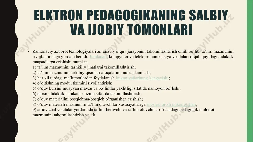 qo’llaniladi. aloqa konferentsiyalarining ochiq va yopiq turlari bo’lib, ular ham o’z navbatida boshqariladigan (modeliruemye) va erkin tarzda o’tkaziladigan (nemodeliruempie) toifalariga ajratiladi. aloqa konferentsiyasi davomida uyushtiriladigan munozara va munozaralarning boshqariladigan turi samarali hisoblanadi. bunda maxsus mutaxassis-moderator (fasilitator) bahs-munozarani o’quv kursi maqsadlariga muvofiq holda boshqarib va yo’naltirib boradi. internetdagi alohida web sahifalarida olib boruvchi o’qituvchilar uchun foydali ma’lumotlar joylashtirilgan. image1.png image2.png /docprops/thumbnail.jpeg