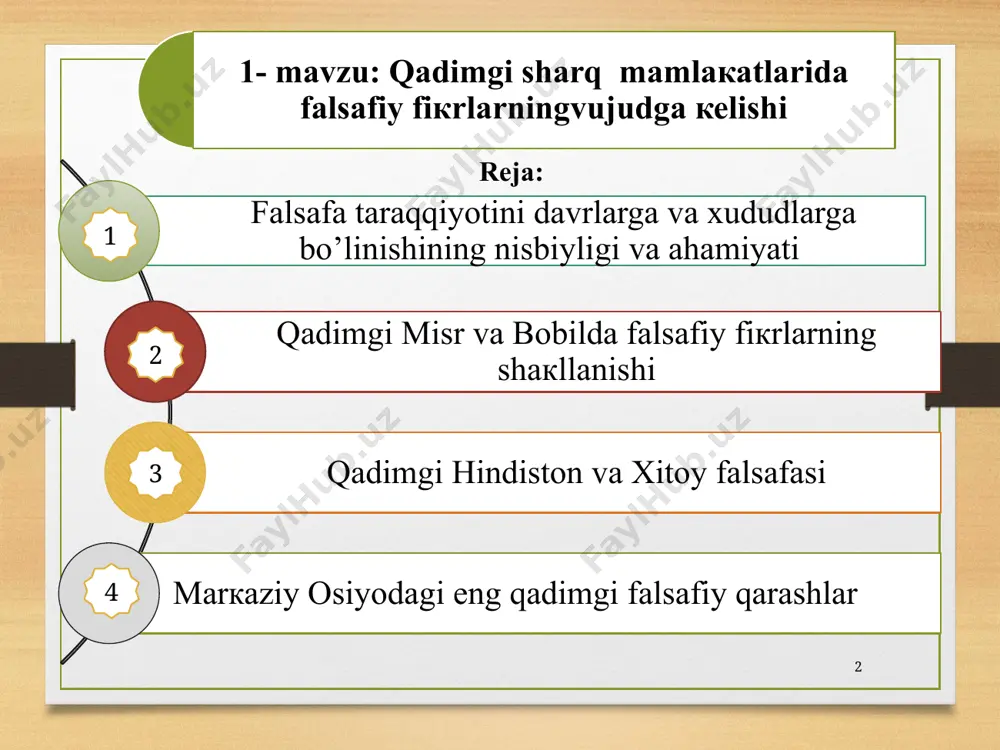 қарор топмас экан, давлат ёвузликлардан халос бўла олмайди. (платон) фалсафий билимга қизиқишнинг йўқлиги миллат тафаккурининг чекланганлиги аломатидир. (давид юм) фалсафа илоҳий ва инсоний қилмишларни уларнинг сабаблари ва моҳиятлари нуқтаи назаридан билишдир. (цицерон) ҳар қандай мамлакат аҳолисининг гражданлик ва ўқимишлилик даражаси бу ердаги фалсафий тафаккур даражаси билан белгиланади. (рене декарт) у ёки бу фалсафий тизимларни улар шаклланган ижтимоий-тарихий шароитга мурожаат қилмай, уларнинг тарихий асосини кўриб чиқмай туриб, уларнинг ўзидан, яъни фалсафий матндангина келиб чиққан ҳолда, тўла тўкис тушуниш мумкин эмас. ҳар қандай фалсафа, яъни у хоҳ антик давр фалсафаси, хоҳ ўрта аср фалсафаси ёки уйғониш даври фалсафаси бўлсин - ўз даврининг маҳсулидир. муайян тарихий жараён табиати нафақат давр ўлчовида балки макон-цивилизация ўлчовида ҳам намоён бўлади. балки муайян цивилизация, муайян жамият, муайян маданиятнинг ҳам маҳсулидир. масалан, биз ғарб ва шарқнинг фалсафий анъаналари, ислом, христиан ва буддавийлик фалсафаси, тоталитар ва демократик жамиятлар фалсафалари тўғрисида гапиришимиз мумкин. фалсафа фалсафа ўз даврининггина эмас эрамиздан олдинги …