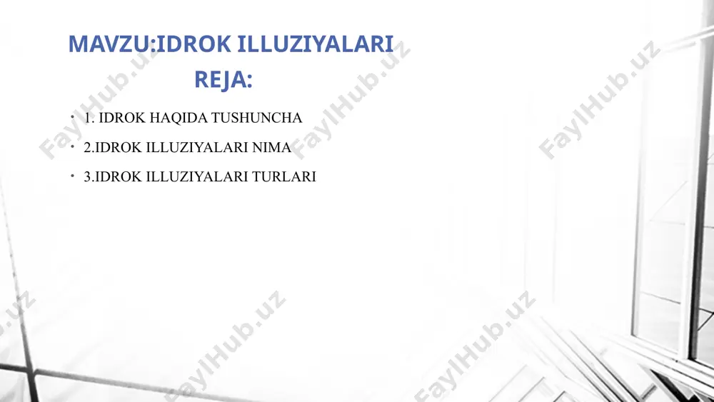 xil illyuziya farq qilinadi: a) sezgi va idrokning muayyan qonunlari tufayli roʻy beradigan illyuziyalar. koʻpincha, narsa va hodisalarni yaxlit idrok qilish kishida yanglish tasavvur hosil etadi. masalan, ogʻirligi aynan teng, ammo kattaligi har xil boʻlgan ikki buyumni ketma-ket koʻtarib koʻrilsa, kattasi yengilroq, kichigi ogʻirroqdek tuyuladi. buning sababi shundaki, kishi hajmi kattaroq buyumning hajmi kichikroq buyumdan ogʻir ekanligini oʻz tajribasida doimo sinab kelgan, binobarin, hajmi har xil buyumlarni koʻz bilan idrok qilganda beixtiyor shu tajribasiga tayanib, kattaroq buyumlarni ushlaganida koʻproq zoʻr beradi, kichikroq buyumni qoʻliga olganda uncha zoʻr bermaydi. illyuziya koʻp hollarda koʻzning chalgʻishi bilan bogʻliq. bu xil illyuziyalar optik illyuziya deyiladi. optik illyuziya muayyan sharoitda turli kesmalar uzunligi, burchaklar kattaligi, narsalar oʻrtasidagi masofalar va shu kabilarni oʻzaro taqqoslanganda kuzatiladi. bu xil illyuziyalar turmushda koʻp uchraydi. shuningdek, eshitish illyuziyasi (birovning nutqidagi ayrim so'zlar boshqacha bir maʼnoda aytilgan soʻzdek eshitiladi), harakat illyuziyasi (poyezd juda ham tez yurganda vagondagi kishiga goʻyo u harakat …