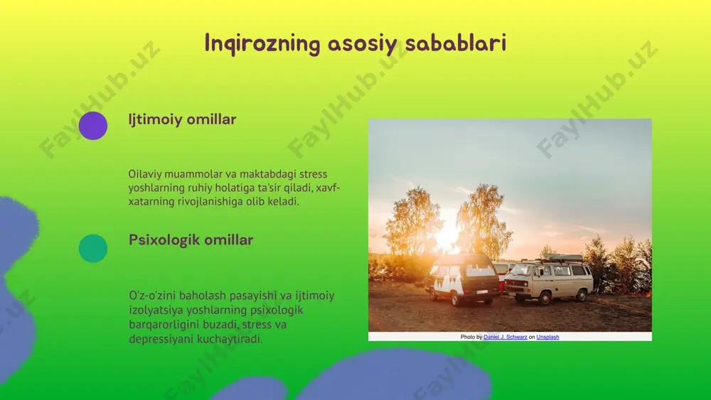 yular tashxis uchun asos bo'ladi. ota-onalar va o'qituvchilarning roli diagnostikaning muhim qismi bo'lib, ular bolalarning kundalik muhitdagi holatini kuzatish va baholashda muhim rol o'ynaydi. psixologik testlar va baholash psixologik testlar inqirozning darajasini va sabablari aniqlashda yordam beradi. masalan, temperament testlari, stress va depressiya baholash uchun shaxsiylik testlari qo'llaniladi. baholash natijalari asosida individual va jamoaviy davolash rejalari tuziladi. inqirozga yondashuvlar inqiroz alomatlari va qabul qilish bolalarda inqiroz belgilarini tushunish va qabul qilish muhim. bu, ularning holatini aniqlash va to'g'ri yordam ko'rsatishda asosiy qadamdir. bolalar bilan muloqot inqiroz davrida bolalar bilan samimiy muloqot muhim. empatiya bilan tinglash, aniq tushuntirish va his-tuyg'ularni hurmat qilish bilan yordam bera olamiz. ota-onalar va o'qituvchilar uchun maslahatlar bolalarni qo'llab-quvvatlash uchun ularning his-tuyg'ularini hurmat qilish, faol tinglash vaprofessional yordam so'rash muhim. bu, ularning rivojlanishiga yordam beradi. yondashuvlar haqida umumiy fikrlar individual va guruh yondashuvlari, psixologik va ijtimoiy yordam muhim. har bir bolaga moslashuvchan va ehtiyojlariga javob beradigan yondashuvlar …