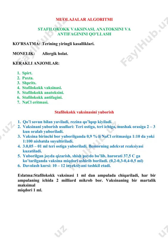 ladi. 3. miqdorihar kun 0,1 ml dan oshirib boriladi (0,1-0,2-0,3-4-0,5-0,6-0,7-0,8-0,9-1 ml). 4. kunoralab yuborilganda 0,2 ml dan oshirib boriladi (0,1-0,3-0,5-0,7-1 ml). 5. zaruriyattug’ilganda, davolash kursini 10-15 kundan keyintakrorlash mumkin eslatma: stafilokokk antifagini 1 – 2ml dan ampulada chiqariladi.antifagi yuborilganda bemor harorati 38c gacha ko’tarilishi mumkin. inyeksiya qilingan joyda qizarish va biroz og’riq seziladi. muolajalar algoritmi yod sinamasini qo’yish (balser sinamasi) ko’rsatma: rang – barang temiratki kasalligi kerakli anjomlar: 1. yoderitmasi. 2. pinset. 3. tampon. 4. rezinaqo’lqop. muolajaning bajarilishi: 1. qo’l yuviladi, rezina qo’lqop kiyiladi. 2. bemorgamuolaja haqida ma’lumot beriladi. 3. bemorgaqulay vaziyat yaratiladi. 4. kasallanganteri ko’zdan kechiriladi. 5. pinsetyordamidatampon 3 – 5% li yod eritmasiga botirib olinadi. 6. teridagidog’larga va dog’lar atrofidagi sog’lom teriga surtiladi. 7. dog’laryuzasidagi tangachalar yodni ko’proq singdirib oladi va shikastlangan teri rangi sog’lom teriga qaraganda to’qroq bo’libqoladi. 8. teridachegarasi aniq, to’q sarg’ish tusga kirgan dog’ paydo bo’lsa,balser sinamasi musbat (+) hisoblanadi. muolajalar algoritmi teri va soch …