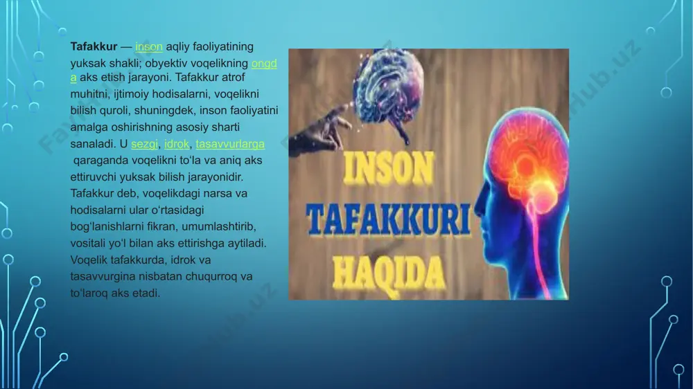 va munosabatlar ham tafakkur yordamida namoyon boʻladi. jamoada tanqidiy qarash, oʻzini oʻzi tanqid, baholash, tekshirish, oʻzini oʻzi tekshirish, nazorat qilish, oʻzini oʻzi nazorat qilish, guruhiy mulohaza yuritishdan iborat tafakkur sifatlari vujudga keladi. insonning inson tomonidan idrok kilinishi ham tafakkur bilan uzviy aloqadadir. ijodiy ishlar, kashfiyotlar, ixtirolar, takliflar tafakkurning mahsuli hisoblanadi. psixologiya tafakkurning filogenetik (insoniyat paydo boʻlishi davri), ontogenetik (kishi umri davomida) bilishga oid tarixiy jihatlarini ham oʻrganadi. hozirgi zamon fanining juda koʻp murakkab masalalari tafakkurdagi mantiqiy jarayonlarni yanada chuqurroq oʻrganishni taqozo etmoqda. qadimgi faylasuflar va olimlar tafakkurni o'rganishni boshladilar, lekin ular buni psixologiya emas, balki boshqa fanlar, birinchi navbatda, falsafa va mantiq nuqtai nazaridan qildilar. ulardan birinchisi parmenid edi. "haqiqat yo'li" inshosida ( qadimgi yunoncha: αλήθεια qadimgi yunoncha: αλήθεια ) u yevropa faylasuflari tarixida birinchi bo'lib deduktiv metafizikaning asosiy qoidalarining qisqartirilgan taqdimotini taqdim etdi [2] . shu bilan birga, u fikrlash jarayonini mantiq nuqtai nazaridan ham ko'rib chiqadi. falsafiy nuqtai …