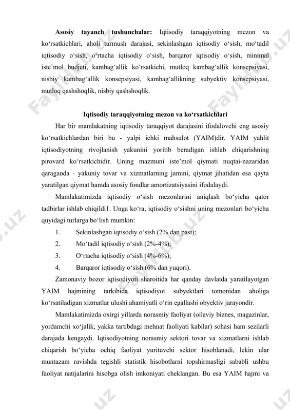 o‘jalik, yakka tartibdagi mehnat faoliyati kabilar) sohasi ham sezilarli darajada kengaydi. iqtisodiyotning norasmiy sektori tovar va xizmatlarni ishlab chiqarish bo‘yicha ochiq faoliyat yurituvchi sektor hisoblanadi, lekin ular muntazam ravishda tegishli statistik hisobotlarni topshirmasligi sababli ushbu faoliyat natijalarini hisobga olish imkoniyati cheklangan. bu esa yaim hajmi va uning dinamikasini aniq baholash imkoniyatini bermaydi, buning oqibatida esa hufyona va norasmiy iqtisodiy faoliyat natijalari yakuniy makroiqtisodiy ko‘rsatkichlarda o‘z ifodasini topmaydi. aholi turmush darajasini ifodalovchi asosiy ko‘rsatkichlar turmush darajasini ifodalovchi ko‘rsatkichlar turli-tuman bo‘lib, turmush darajasi konsepsiyasi bilan uzviy bog‘liq. ayrim muhim ko‘rsatkichlar va uning indikatorlari 1-jadvalda keltirilgan. turmush darajasini baholash uchun jadvalda keltirilgan ko‘rsatkichlar: -darajaga oid ko‘rsatkichlar (mutloq qiymatlar); -tarkibiy ko‘rsatkichlar (darajaga oid ko‘rsatkichlarning tarkibiy qismlari); -dinamik (darajaga oid ko‘rsatkichlarning o‘zgarishini tavsiflaydigan, nisbiy) ko‘rsatkichlar sifatida hisoblab chiqilishi mumkin. 1-jadval aholi turmush darajasi ko‘rsatkichlari va indikatorlari турмуш даражаси кўрсаткичлари кўрсаткичлар индикаторлари i. асосий жисмоний эҳтиёжлар қондирилиши 1. саломатлик 1.1. 1минг ёки 100 минг аҳоли ҳисобига …