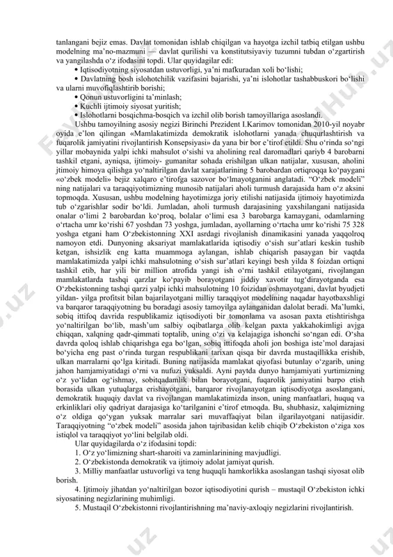 ladan turli uyushmalar, davlat va xususiy sektor egalari, yuridik va jismoniy shaxslar hisoblanadi. xx asr oxirlariga kelib mamlakatlarning iqtisodiy taraqqiyotini yagona andozaga solingan qoidalar bilan cheklab bo‘lmasligini, taraqqiyot modellarining ancha keng ko‘lamga ega ekanligi, ularni tanlashda har bir mamlakat o‘z ichki sharoitlaridan kelib chiqib ish olib borish zarurligi ma’lum bo‘ldi. mazkur masalaga mustaqillikka erishgan barcha mamlakatlar turli davrlarda turlicha hal etishga erishganlar. shu sababli bugun dunyoda ijtimoiy - iqtisodiy taraqqiyotning «shved modeli», «amerika modeli», «yapon modeli» kabilar keng uchramoqda. mazkur tamoyillar aslida muayyan mintaqa yoki mamlakatlar ijtimoiy taraqqiyotida siyosiy-iqtisodiy islohotlarni qaysi yo‘l bilan va qay yo‘sinda amalga oshirilishiga ko‘ra bir-biridan farq qiladi. umuman, dunyoda taraqqiyot modellarining umuminsoniy va milliy shakllariga xos bir qator tipik milliy modellari ham mavjud. ular quyidagilar: osiyo taraqqiyot modeli, yevropa modeli, lotin amerikasi modeli, osiyo – tinch okeani modeli, afrika iqtisodiy taraqqiyot modeli, postsovet iqtisodiy taraqqiyot modeli, “amerika modeli”, “yapon modeli”, “shved modeli”, erxard (nemis) modeli, …