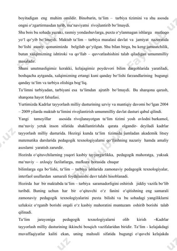 tayyorlash milliy dasturida. hozirgi kunda ta‘lim tizimida jumladan akademik litsey matematika darslarida pedagogik texnologiyalarni qo‘llashning nazariy hamda amaliy asoslarni yaratish zarurdir. hozirda o‘qituvchilarning yuqori kasbiy tayyorgarlikka, pedagogik mahoratga, yuksak ma‘naviy – axloqiy fazilatlarga, mafkura borasida chuqur bilimlarga ega bo‘lishi, ta‘lim – tarbiya ishlarida zamonaviy pedagogik texnologiyalar, interfaol usullardan samarali foydalanishi davr talabi hisoblanadi. hozirda har bir maktabda ta‘lim – tarbiya saramadorligini oshirish jiddiy vazifa bo‘lib turibdi. buning uchun har bir o‘qituvchi o‘z fanini o‘qitishning eng samarali zamonaviy pedagogik texnologiyalarini puxta bilishi va bu sohadagi yangiliklarni uzluksiz o‘rganib borishi orqali o‘z kasbiy mahoratini muntazam oshirib borishi talab qilinadi. ta‘lim jarayoniga pedagogik texnologiyalarni olib kirish ―kadrlar tayyorlash milliy dasturining ikkinchi bosqich vazifalaridan biridir. ta‘lim - kelajakdagi muvaffaqiyatlar kaliti ekan, uning mahsuli sifatida bugungi o‘quvchi kelajakda huquqiy-demokratik jamiyat a‘zosi sifatida bu jamiyat hayotida to‘laqonli ishtirok eta olishi, zamonning bozor iqtisodiyoti qo‘yayotgan talablariga to‘la javob bera olishi kerak. axborot oqimi keskin ortgan,turli yangiliklar hayotimizga …