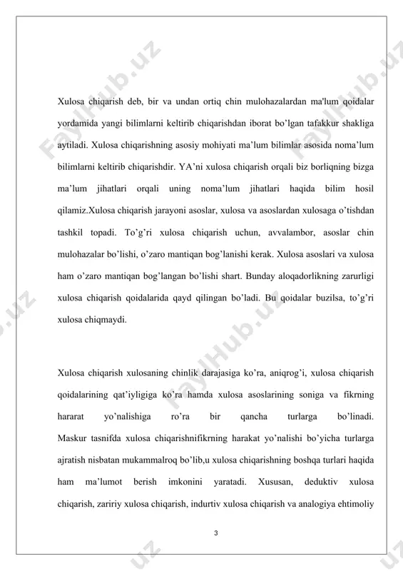 ga, i-iga, a-aga, a-aga uzgaradi demak, almashtirish usuli qo’llanilganda mulohazadagi sub’ekt va predikat hajmi aniqlanadi va shu asosda mulohazadagi terminlarning o’rni almashtirilib, xulosa chiqariladi. bu usul, ayniqsa, tushuncha berilgan ta’riflarning to’g’riligini aniqlashda muhim ahamiyatga ega. iii. predikatga qarama-qarshi qo’yish bevosita xulosa chiqarishning mantiqiy usullaridan biri bo’lib, bu usul qo’llanilganda berilgan mulohaza avval aylantiriladi, so’ngra almashtiriladi. natijada hosil qilingan mulohazaning (xulosaning) sub’ekti asos mulohaza predikatiga zid, predikati esa uning sub’ektiga mos bo'ladi: 3) predikatga karama – karshi kuyish orkali xulosa chikarish. xulosa asosi xulosa a xamma xech bir p emas s emas 2 e xech bir emas ba’zi p emas s dir 3 o ba’zi ba’zi p emas s dir 1 predikatga karama – karshi kuyishda a - ye ga, ye – i ga, o – i ga, uzgaradi . 4) mantikiy kvadrat orkali xulosa chikarish. a) zidlik (kontrandiklorlik) munosabatiga asoslangan xolda xulosa chikarish. , b) karama-karshilik (kontrorlik) munosabatlariga asoslangan xolda …