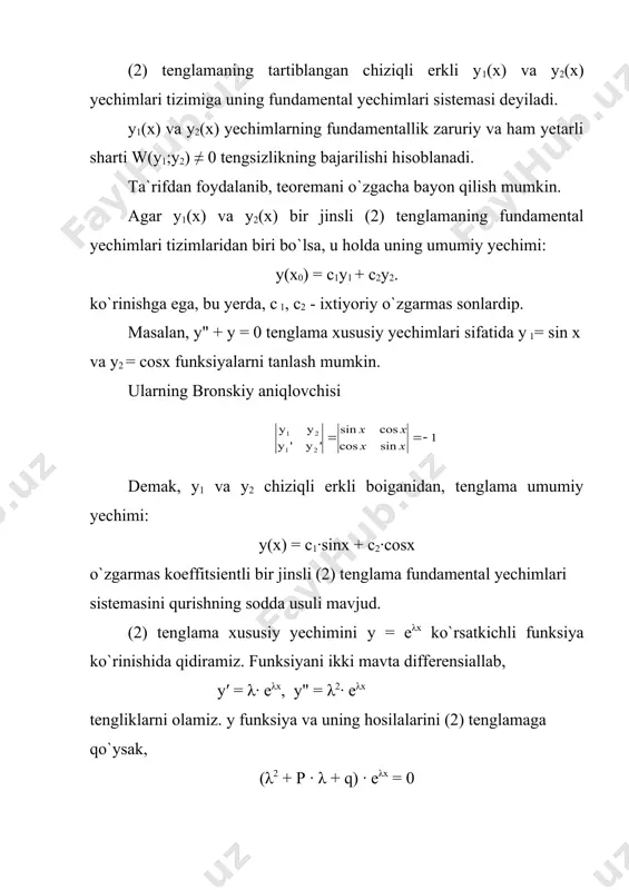 aning haqiqiy yechimlari bo`lib, chiziqli erklidir. natijada, umumiy yechim у = c1· eαx ·cosβx + c2·eαx·sinβx = eαx·( c1·cosβx + c2·sinβx) ko`rinishda yoziladi. misol. y"- 6y′ + 10y = 0 tenglama umumiy yechimini toping. xarakteristik tenglama λ2 - 6λ + 10 = 0 bo`lib, uning ildizlari λ1= 3+i, λ2 = 3-i. shunday qilib, xususiy yechjimlar y1 = e3x ·cosx, y2 = e3x ·sinx. umumiy yechim: у = e3x ·(c1 – cosx + c2·sinx). 3-hol: λ1 va λ2 ildizlar o`zaro teng va haqiqiy. λ1 = λ2 ildizlarga xususiy eλ1x va x·eλ1x chiziqli erkli (tekshirib ko`ring) yechimlami mos qo`yish mumkin. shunday qilib, umumiy yechim у = c1·eλ1x + c2·x·eλ1x = eλ1x ·(c1 + c2·x). misol. y" + 4y` + 4y = 0 tenglama umumiy yechimini toping. xarakteristik tenglama λ2 + 4λ + 4 = 0 va λ1 = λ2 = - 2. umumiy yechim у = е-2х ·(с1 + с2·х). 2 - …