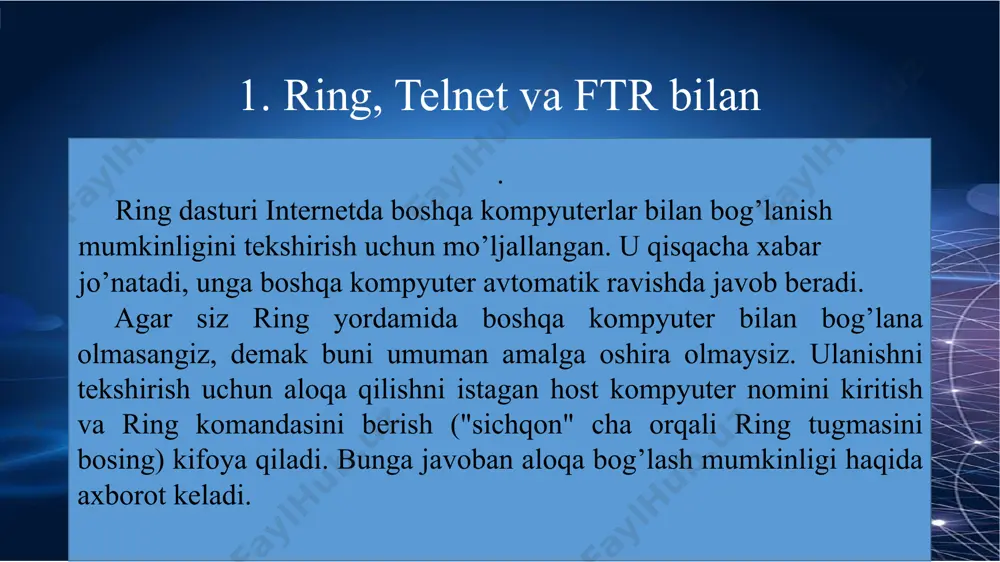 undan so’ng ftr yordamida kerakli fayllarni o’z kompyuteringizga yuborishingiz mumkin. archie doimo internetni skanerlaydi va uning ma’lumotlar bazasi to’xtovsiz yangilanadi. agar siz faylning aniq nomini bilmasangiz archie yordamida kalit so’z bo’yicha faylni qidirish mumkin. archie ma’lumotlar bazasi ko’pgina universitetlar va tarmoq tashkilotlar tomonidan qo’llab­quvvatlanadi. arcie va gorher bilan ishlash. archie ma’lumotlar bazasiga kirishga ruxsatni quyidagi usulda olish mumkin: -sizning xost ­ kompyuteringiz orqali kompyuteringizga o’rnatilgan archie mijoz dasturi yordamida: -elektron pochta orqali; -telnet orqali archie server bilan kompyuterga ulanish; ftr search – ftr arxivida fayllarni qidiruvchi eng yaxshi mashina va u tronxeym (norvegiya)da joylashgan. ftr search – ko’rsatilgan yoki barcha domenlar bo’yicha tezkor qidiruvni amalga oshiradi, yaratish vaqtida natijalari, mamlakatlar va boshqa belgilar bo’yicha uni xillarga ajratadi. ma’lumotlar bazasi 4,650 ftr sites, 5mln. direktoriya va 65 mln. dan ortiq 135 mv hajmdagi fayllar nomini o’z ichiga oladi, har haftada yangilanadi. gorher qulay shaklda internet taqdim etadigan barcha xizmatlardan foydalanish imkonini …