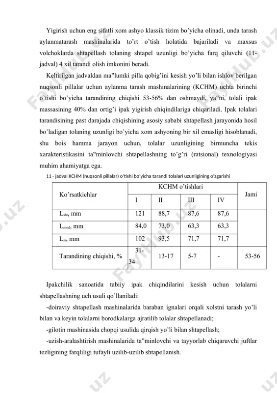 . ip halqasimon tutam bilan bog’langan (19 rasm) va tugunchak qilib tutilgan holda bo’lsa hamda ipning har ikki biriktirilgan uchi turlicha tezlikda harakat qilsa (θ 1 > θ 2), ip tortilib, hatto uzilib ketishi mumkin. uzilish ipning eng ingichka erida yoki kuchlanishning konsentratsiyalangan nuqtasida sodir bo’ladi. shunday qilib shtapellash mashinasining ignali garniturasi bilan tolalarning o’zaro ta‟siri jarayonini analiz qilinar ekan, shunday deyish mumkin, ya‟ni, tolalar to’shamasi (nastil) bilan shtapellash barabani garniturasining o’zaro ta‟sir etish jarayoni xolst massasi bilan bog’liqlik shakliga ko’ra borodokda (sumbada) qisman tarash, ta‟minlovchi juftdagi uzun tolalarda qisman cho’zilish va taminlovchi silindrdan shtapellovchi barabangacha bo’lgan oralikdagi tolalarda qisman uzilish sodir bo’ladi. yuqorida qayd etib o’tilgan o’zaro harakatlar ichida umumiy massadan uzilgan yoki chiqib ketgan iplar bilan tolalarni tortilish holatlari ko’proq uchraydi. 19-rasm. tolalarning shtapellaydigan mashina garniturasi bilan birikish (ilinish) sxemasi uzun tolalarni oxirgi (to’la) shtapellash - barabanga o’ralgan iplar qatlamini taroqlar soniga va uzunligi bo’yicha joylashgan taroqlar oralig’ida …