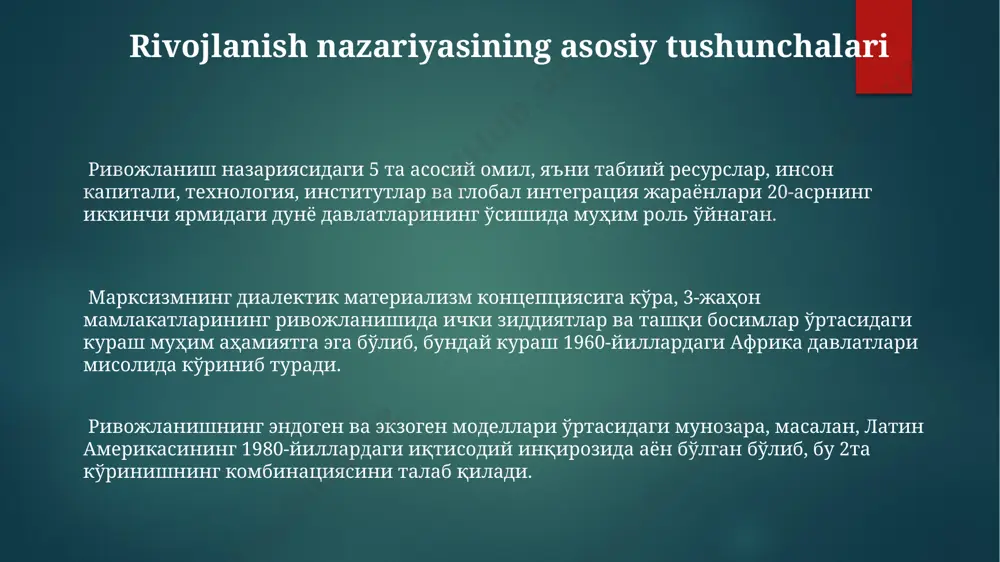 turli siyosiy rivojlanish yo'llari muhokama qilindi, demokratizatsiya va avtoritarizm o'rtasidagi muvozanat masalalari ko'rib chiqildi. 1960-yillarda, ayniqsa, lotin amerikasi mamlakatlarida, "qaramlik nazariyasi" kabi siyosiy rivojlanish nazariyalari rivojlandi, bu nazariyalar markaziy davlatlarning periferiya mamlakatlariga bo'lgan ta'sirini tahlil qildi. sovet ittifoqi singari sotsialistik davlatlarning rivojlanish modellarini o'rganish, 20-asrning ikkinchi yarmida siyosiy rivojlanish nazariyalariga 2 ga yaqin yangi yondashuvlarni qo'shdi, bu esa "modernizatsiya" konsepsiyasiga qarshi chiqdi. rivojlanishni boshqarishning usullari toshkent shahrida joriy etilgan "smart city" loyihasi, aholining turmush darajasini yaxshilashga qaratilgan 10 ta asosiy koʻrsatkich orqali innovatsion texnologiyalar va ma’lumotlar tahlili yordamida shahar rivojlanishini boshqarishning samaradorligini 20% ga oshirishni maqsad qilgan. 1990-yillardan keyin oʻzbekistonda amalga oshirilgan bozor islohotlari, 5 yillik rejalarning oʻrniga strategik rejalashtirish va xususiy sektorning rivojlanishiga 30% gacha subsidiya ajratish orqali rivojlanishni boshqarishga yangicha yondashuvni namoyon etdi. surxondaryo viloyatida 2022-yilda amalga oshirilgan qishloq xoʻjaligini rivojlantirish dasturi, intensiv bogʻdorchilik va tomorqa xoʻjaliklarini qoʻllab-quvvatlash orqali 15% ga hosildorlikni oshirishga qaratilgan boʻlib, rivojlanishni maqsadli boshqarishning …