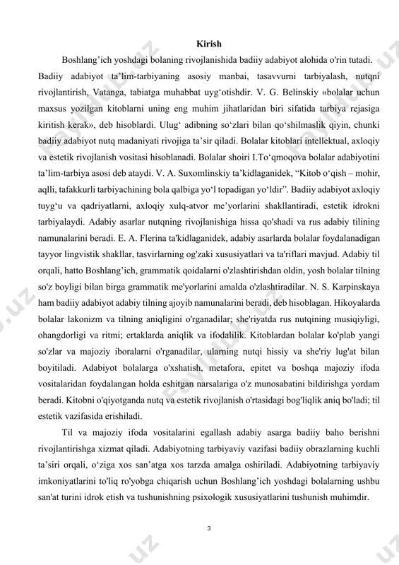 batan erkin taqdimoti (so'zlarni o'zgartirish, almashtirish yoki izohlash mumkin). hikoya bolalar e'tiborini jalb qilish uchun ajoyib imkoniyatlarni taqdim etadi. - sahnalashtirish - bu usulni badiiy asar bilan ikkilamchi tanishtirish vositasi deb hisoblash mumkin. - yoddan o'rganish - asarni uzatish (o'qish yoki aytib berish) usulini tanlash asar janriga va tinglovchilarning yoshiga bog'liq. adabiy asarlarni o‘qish, hikoya qilish, ijro etish uchun to‘g‘ri tanlash bolalarning har tomonlama rivojlanishida muhim rol o‘ynaydi. bu tanlov estetikaning umumiy tamoyillaridan ishlab chiqilgan pedagogik tamoyillarga asoslanadi. 1. badiiy adabiyot orqali boshlang’ich yoshdagi bolani har tomonlama rivojlantirishning nazariy jihatlari estetika va psixologiya san’atni idrok etishga murakkab ijodiy jarayon sifatida qaraydi. "haqiqatni estetik idrok etish - bu intellektual va hissiy-irodaviy motivlarni o'ziga xos tarzda birlashtirgan murakkab aqliy faoliyat" (a.v. zaporojets). adabiy asar bir vaqtning o'zida o'quvchining his-tuyg'ulari va fikrlariga murojaat qiladi, ularga insoniyatning boy ma'naviy tajribasini o'zlashtirishga yordam beradi. e.a. flerina bolalarning san'at asarini idrok etishining o'ziga xos xususiyati sifatida …