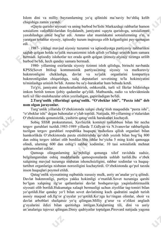dengiz havzasi qishloq aholisining 87 foizi yuqumli kasalliklarga chalinganligi, hamda bolalar o`lim darajasi baland ekanligi aniqlangan. jumlada , o`zbekistonda 1985-yilda har 1000 nafar chaqaloqdan 46,2 foizi o`lgan. bu ko`rsatgich qoraqalpog`iston respublikasida 62,5, surxondaryo viloyatida 55,2, xorazm viloyatida 50,4 foizni tashkil qildi. ammo o`zbekistondagi og`ir ekologik vaziyat, orol dengizi hududi aholisining salomatlik darajasini pasayib borayotganligi, mazkaziy siyosiy rahbariyatni tashvishga solmadi. o`tgan asrning 80-yillariga kelib faqat xom-ashyo yetkazib berishga asoslangan, qoloq va mo`rt iqtisodiyotga ega bo`lgan o`zbekiston asosiy iqtisodiy va ijtimoiy ko`rsatkichlar bo`yicha sobiq ittifoqdagi o`rtacha ko`satgichdan ancha orqada bo`lib, mamlakatda oxirgi o`rinlarga tushib qolgan edi. jumladan, aholi jon boshiga yalpi ichki mahsulot ishlab chiqarish ittifoqdosh respublikalar orasida 12-o`rinni, daromad darajasi hamda asosiy turdagi mahsulotlarni iste`mol qilish jihatidan 2,5 borabar, qishloq xo`jaligida esa 2 borabar, orqada edi. xalq boqimandachilik va befarqlikka o‘rgatildi, faolligi susayib bordi. milliy g‘urur tushunchalariga zarba berildi. barcha sohalarda davlat hukmronligining o‘rnatilishi egasizlik va o‘zibo‘larlikka olib keldi. xalq ijodkorligiga …