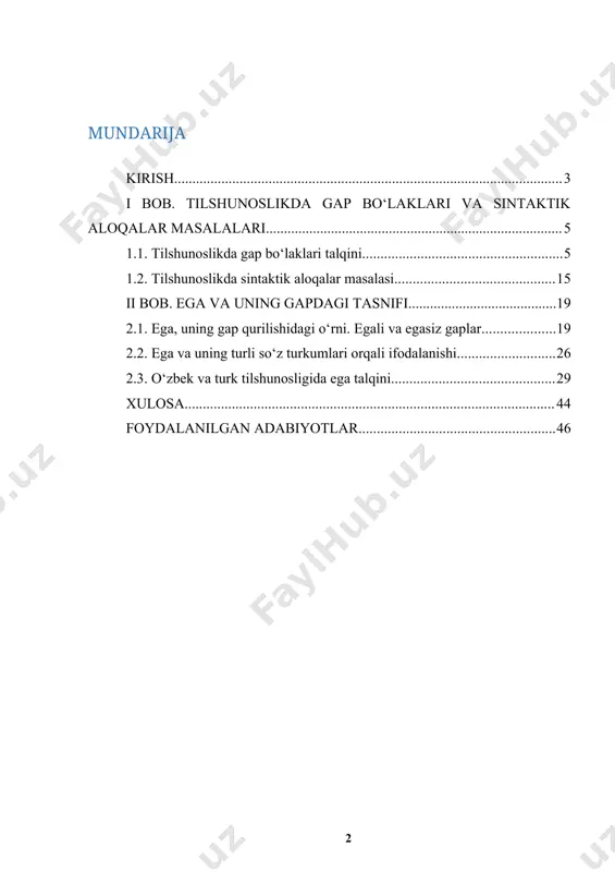 ataniga, xalqiga sadoqatli, mustaqil fikrlaydigan, erkin, ijodkor shaxsni shakllantirish davlat siyosatining ustuvor yo‘nalishlaridan biri bo‘lib turadi.ma’lumki, hozirgi davrdagi tub islohotlar har bir kishidan bilim, salohiyat, samarali mehnat, madaniyatlilik, yuqori malaka, yuksak onglilik, ijodkorlik, jamiyat oldida mas’uliyatni his etishni talab etadi.insonparvarlik, demokratik, mustaqil davlat quruvchi har bir inson ana shu xislatlarga ega bo‘lishi zarur. pedagogika ilmi va amaliyotdan ma’lumki, nazariyadan yo‘naltirilgan ta’limga qarab borish o‘quvchining ijtimoiy hayotda o‘z bilimi va qobiliyatini namoyish etish imkoniyatini yaratadi.komil insonni tarbiyalsh maqsadi ta’lim jarayoniga ijodkorlik bilan kompleks yondashishni taqozo etib , zamonaviy darslarni tashkil qilishga zamin yaratadi. binobarin, faqat ijodkorlik va mustaqil faoliyat muhitida tashkil etilgan ta’lim natijasidagina o‘quvchida o‘zligini shaxs sifatida namoyish eta olish ko‘nikmalari shakllanib boradi. kurs ishining maqsadi. ega va uning gapdagi tasnifini o‘rganish va ilmiy asosda tavsiflash; kurs ishining obyekti. tilshunoslikda gap bo‘laklari va sintaktik aloqalar masalalari kurs ishningi predmeti. ega va uning gapdagi tasnifi. kurs ishining vazifalari quyidagilardan iborat: 1. …