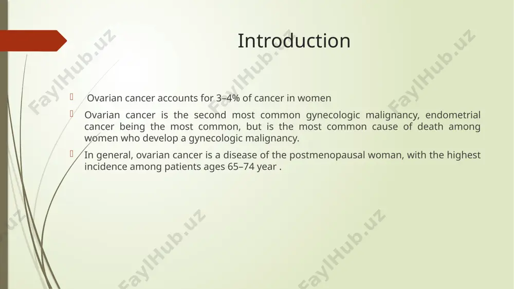 st childbirth after age 35 years involuntary infertility late menopause and early menarche pts. with prolonged period or uninterrupted ovulation others exogenous hormones :- hrt dietary factors , diets high in saturated animal fats seem to confer an increased risk by unknown mechanisms … japanese women who move to the united states have an increased ovarian cancer risk. # japanese women who move to the united states have an increased ovarian cancer risk. <<<<< protective factors multiparity: first pregnancy before age 30 oral contraceptives: 5 years of use cuts risk nearly in half tubal ligation hysterectomy bilateral oopherectomy lactation epidemiologic and laboratory evidence suggest a potential role for retinoids , vitamin d, nsaids as preventive agents for ovarian cancer pathology ovarian cancer can be divided into three major categories based on the cell type of origin . the ovary may also be the site of metastatic disease by primary cancer …