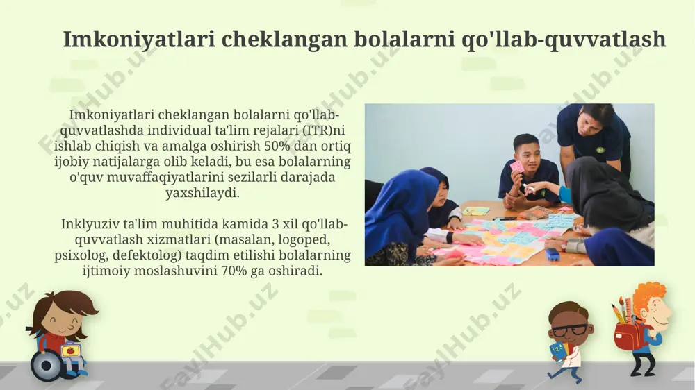 koniyatlarni ta'minlashga qaratilgan. inklyuziv ta'limning asosiy maqsadi – kamida 95% o'quvchilarning individual ehtiyojlarini qondirish uchun moslashtirilgan ta'lim dasturlarini ishlab chiqish va amalga oshirish orqali ta'lim sifatini yaxshilashdan iborat. e'tiboringiz uchun rahmat @taqdimot_robot image6.jpg image7.jpg image8.jpg image9.jpg image10.jpg image11.jpg image12.jpg image13.jpg image14.jpg image1.png
