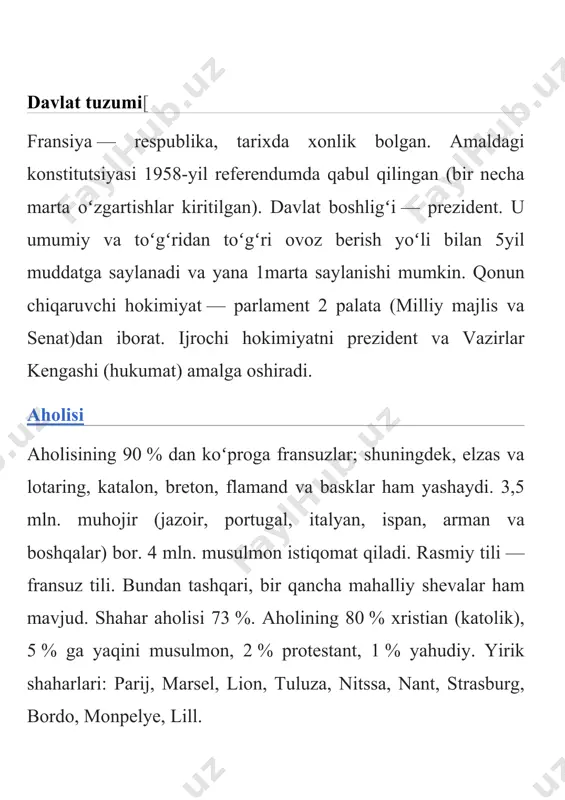 ari (vestgotlar, burgundlar, franklar) bosib olib, uning xududida bir qancha davlatlarni tashkil qildi. ular orasida eng kattasi frank davlati edi („fransiya“ franklar nomidan kelib chiqqan). karolinglar imperiyasining parchalanishi (843) natijasida gʻarbiy frank qirolligi tashkil topdi. shu davrdan fransiya mustaqil davlat boʻlib qoldi. 10-asrdan mamlakat „fransiya“ deb atala boshladi. 1302-yil dastlabki bosh shtatlar chaqirilib, tabaqali monarxiya oʻrnatildi. fransiya bilan angliya urtasida boʻlgan yuz yillik urush (1337—1453) natijasida ishlab chiqarish va savdo keskin kamaydi, xalq ommasining ahvoli ogʻirlashib, jakeriya (1358) va xalq qoʻzgʻolonlari boʻlib oʻtdi. 15-asr 2yarmida fransiya iqtisodiyoti astasekin qayta tiklandi, qirol hokimiyati mustahkamlandi. 16— 17-asrlardan iqtisodiy rivojlanish davri boshlandi. fransiya qirollari gʻarbiy yevropada oʻz siyosiy taʼsirini oʻrnatishga uringan gabsburglar bilan uzoq muddat kurash olib bordilar (qarang oʻttiz yillik urush). 17-asrga kelib fransiya mustamlakachilik siyosatini boshladi: amerika (kanada, vestindiya) va hindistonning bir qismini bosib oldi. 17-asrning 2yarmida fransiya gʻarbiy yevropaning eng kuchli davlatiga aylandi. ammo ispaniya merosi uchun boʻlib oʻtgan urush …