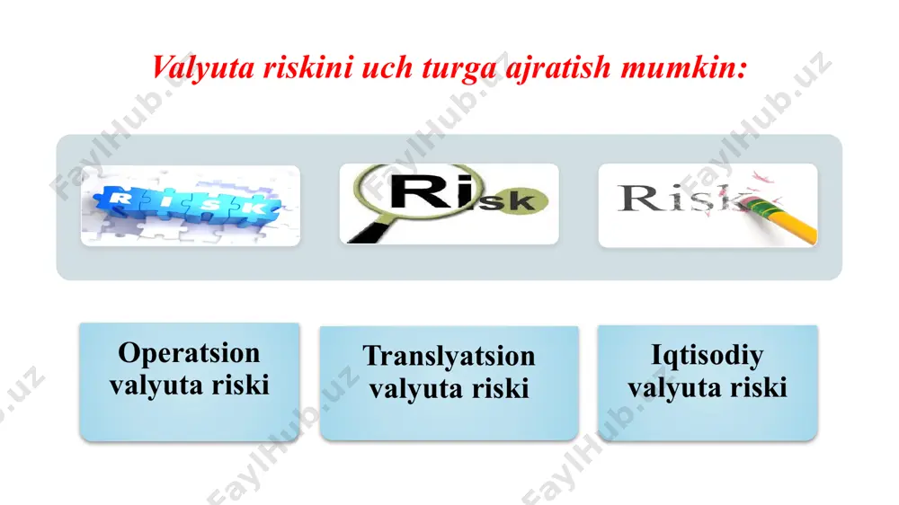 larini uning chiqib ketish miqdoridan chegirib tashlash yordamida bank ularning hajmi va mos ravishda o’z riskiga ta’sir ko’rsatish imkoniga ega bo’ladi; • yiriklashtirish yordamida valyuta bitimlari sonini maksimal darajada qisqartirishdan iborat bo’lgan “netting” metodidan foydalanish. buning uchun banklar xorijiy valyutani sotib olish va sotish uchun ariza qabul qilishni muvofiqlashtiruvchi bo’linmalar tashkil qiladi; • valyuta kurslari harakati va eng so’nggi ma’lumotlarni aks ettiruvchi ixtisoslashgan firmalarning axborot mahsulotlaridan qo’shimcha ma’lumotlar olish. devalvatsiya - milliy valyutaning chet el valyutalariga yoki xalqaro hisob-kitob pul birliklariga nisbatan qadrining tushishidir. ya’ni, ayni paytda 1 usd=10200 uzs bo‘lsa, ma’lum bir muddat, masalan 6 oydan so‘ng 1 usd=10680 uzs bo‘lishi, milliy valyutaning xorijiy valyutaga nisbatan devalvatsiyasi hisoblanadi. image6.png