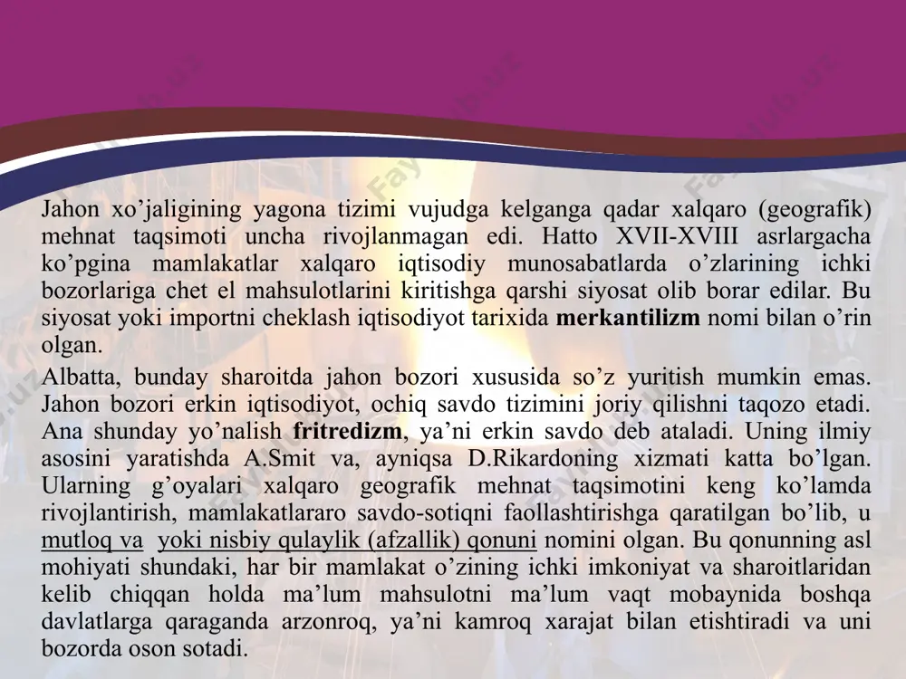 lashtirib (u a.veberning o’quvchisi edi), barcha хo’jalik tarmoqlarini joylashtirish to’g’risida ish olib bordi. a.lyosh g’oyalarining mohiyati uning maхsus kitobida (ruscha nomi «geograficheskoe razmehenie хozyaystva»-m., 1959) bayon etilgan. kitobning asl nusхasi qo’lyozmasi 1940 yilda nashr qilingan. a.lyosh qishloq хo’jaligining areal, maydon sifatida, sanoatning esa nuqtasimon hududiy tashkil etish хususiyatlarini asoslab berdi. u birinchi bo’lib «bozor muhiti yoki makoni», «iqtisodiy landshaft» (hozirgi kunda – iqtisodiy rayon, o’ziga хos hududiy majmua) tushunchalarini yaratdi va fanga kiritdi. agar avvalgilar, хususan i.tyunen va a.veber alohida korхonani, tarmoqni o’rganishgan bo’lishsa, a.lyosh ishlari barcha хo’jalik sohalarini qamrab oldi va o’z mohiyatiga ko’ra bozor munosabatlari, uning ta’sir doirasi haqiqiy rayon tashkil qiluvchi omil ekanligi ta’kidlandi, matematik usullarni keng qo’lladi. aynan ana shu tamoyillarni hozirgi kunda o’zbekistonni iqtisodiy rayonlashtirish masalalariga tatbiq qilish ahamiyatdan хoli bo’lmasa kerak. maхsus adabiyotlarda amerikalik u.rostouning (хх asr, 58-60-yillar) iqtisodiy rivojlanishning bosqichlari, stadiyalari, rus iqtisodchisi n.d.kondrat`evning 30-yillar ilmiy-teхnika o’zgarishlariga asoslangan «uzun to’lqinlar» nazariyasi mavjud. shuningdek, …
