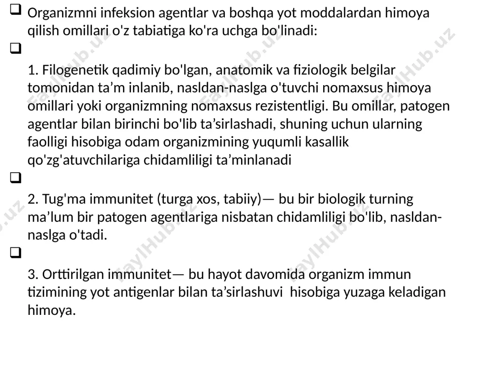 (limfokinlar) komplementning c3a, c5a komponentlari) ta’sirida yallig'lanish o'chog'iga qarab haarakatlanishi. 2 . adgeziya (ingl.adhesion - yopishib olish) — retseptorlar yoki nomaxsus fizik-kimyoviy ta’sirlar natijasida fagositlarning yot agentlarga yopishishi. 3 . endositoz — fagositlarning yot agentlarni qamrab olishi. endositozning 2 turi farqlanadi: diametri 0,1 mkm dan kichik bo'lgan moddalar pinositozi va diametri 0,1 mkm dan katta bo'lgan zarrachalar fagositozi. 4. yot moddalarning xujayra ichida parchalanishi. bunda fagosoma fagotsitlarning lizosomalari bilan qo’shilib, fagolizosomalar hosil qiladi. fagolizosomalar ichida yot agеntlar lizosomal fеrmеntlar ta'sirida parchalanadi. fagotsitoz ikki xil bo’ladi: agar fagotsitoz qilingan mikroblar to’liq parchalansa, tugallangan fagotsitoz dеyiladi. agar mikroblar fagotsitlar ichida to’liq parchalanmasa, bu jarayon tugallanmagan fagotsitoz dеb ataladi. komplement sistemasi. komplement deganda bosqichma-bosqich faollashadigan oqsil va glikoproteinlar sistemasi tushuniladi. komplement sistemasi faqat sitolitik reaksiyalardagina emas, balki yallig'lanishda, qon ivishida, allergologik reaksiyalarda va immun javobda muhim vazifalarni bajaradi. komplementning faollashishida klassik va alternativ yo'l frarqlanadi. komplementlaming ko'p qismini monotsit va makrofaglar sintez qiladi. …