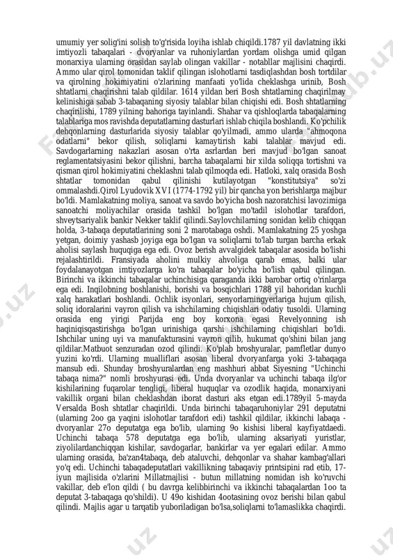 k ishi orqada qolib ketdi.endi keynning uchar mokisini takomillashtirish kerak edi.bu muammoga endmund kartrayt 1785 yilda ixtiro qilgan mexanik to'quv stanogi barham berdi.muayyan vaqt ichida 4o ta to'quvchi qo'l kuchi bilan qancha mato to'qib chiqarsa, kartrayt stanogi ham shuncha mato to'qib chiqarar edi.ammo kartrayt stanogi xix asrdaqo'shimcha ravishda takomillashtirilgandan so'ng qo'lda to'qishni keng ko'lamda siqib chiqara boshladi.dasllabki yirik mashinalarning dvigateli sifatida asosan suv kuchidan foydalanildi. fabrikalarning kopchiligi katta yo'llardan vabozorlardan uzoq bolsa ham, odatda, daryolarga yaqin joylarga qurildi. rivojlanib kelayotgan mashina sanoati uchun yangi, universal dvigatel zarur edi.bu xildagi dvigatel bug' mashinasi tarzida angliyalik jems uatt tomonidan ixtiro qilindi. u bug' mashinasi uchun patentni birinchi marta 1769 yilda, ikki tomonlama bug' beradigan mashinasi uchun 2-patentni 1784 yilda oldi. bug' dvigateli bilan ishlaydigan birinchi ip yigiruv fabrikasi ham 1784 yilda qurilgan edi.xviii asr ingliz sanoatida metallurgiyaning yirik sanoatga aylanishiga yordam bergan boshqa bir qancha ixtirolar qilindi. 1735 yilda abraham derbi cho'yan …