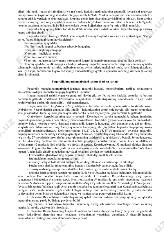 rolik huquqi tomonidan tartibga solinadigan mulkiy xarakterda bo‘lmagan shaxsiy huquqiy munosabatlar ikki turga: mulkiy munosabatlar bilan bog‘liq bo‘lgan shaxsiy munosabatlarga va mulkiy munosabatlar bilan bog‘liq bo‘lmagan shaxsiy munosabatlarga (shaxsiy nomulkiy) bo‘linadi. mulkiy munosabatlar bilan bog‘liq bo‘lgan munosabatlarga misol qilib, intellektual faoliyat natijalariga bo‘lgan va mualliflik huquqiga doir munosabatlarni ko‘rsatish mumkin. bu munosabatlarda faqat mulkiy munosabatlarnigina emas, balki ularning shaxsiy huquqlarini ham, chunonchi, asarni o‘z nomidan, taxallusi ostida yoki nomini ko‘rsatmasdan anonim tarzda nashr etish (fkning 1053-moddasi), asarning daxlsizligi huquqlari, ixtironing muallifi bo‘lib tanilish huquqi va boshqa huquqlarni belgilaydi. mulkiy munosabatlar bilan bog‘liq bo‘lmagan shaxsiy munosabatlarga fkning 100-moddasida ko‘rsatilganidek, fuqaro o‘zining sha’ni, qadr-qimmati va ishchanlik obro‘siga putur yetkazuvchi ma’lumotlarni tarqatgan shaxs basharti, ularning haqiqatga to‘g‘ri kelishini isbotlay olmasa, sud orqali raddiya talab qilish huquqi va shu kabi boshqa huquqlar misol bo‘ladi. mulkiy xarakterda bo‘lmagan shaxsiy munosabatlar shaxsning o‘zi bilan bevosita bog‘liq bo‘lgan va undan begonalashtirilmaydigan huquqlardir. bunday huquqlar jumlasiga fuqaroning ismiga …