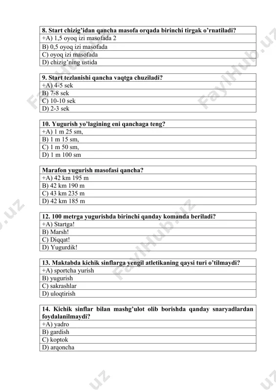 kibiga kiritilgan? +a) yugurib kelib uzunlikka sakrash b) turgan joyidan balandlikka sakrash c) turgan joydan sakrash d) yugurib kelib balandlikka sakrash 35. o’rta va uzoq masofalarga yugurishlar qaysi sifatni rivojlantiradi? +a) chidamlilik b) kuch c) epchillik d) egiluvchanlik 36. g’ovlar osha yugurish qaysi sifatni rivojlantiradi? +a) tezkorlik, egiluvchanlik b) chidamlilik c) kuchni d) sakrovchanlikni 37. mashqlarni takrorlash metodi bu...? +a) mashqlarni ko’p bora takrorlash b) sportchining tayyorgarligini tekshirish c) yuklamani almashlab mashq bajarish d) mashqlar guru?li metodda bajarish 38. yugurish yo’lakchasini ajratib turuvchi oq chiziqning eni qancha? +a) 5 sm b) 7 sm c) 10 sm d) 1sm 39. standart stadionda 400 metr masofani bosib o’tish uchun sportchi stadionni necha marta aylanishi kerak? +a) 1 b) 2 c) 4 d) 3 40. 4x100 metrlik estafeta yugurishda jamoa tarkibida nechta spotchi bo’ladi? +a) 4 b) 5 c) 6 d) 2 41. maktabda yengil atletikaning nechta turi o’rgatiladi? +a) 3 b) 4 …
