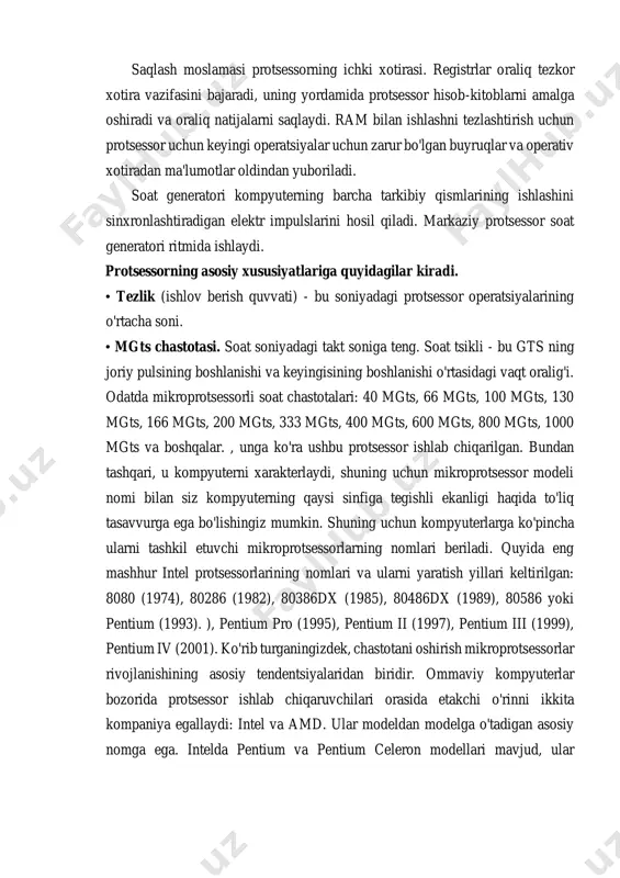 eratsiyalar to'plami. mikroprotsessorlarning turli xil modellari boshqa tsikllar uchun bir xil operatsiyalarni bajaradilar. mikroprotsessor modeli qanchalik baland bo'lsa, xuddi shu amallarni bajarish uchun, qoida tariqasida, kamroq tsikllar talab qilinadi. matematik hisob-kitoblar uchun asosiy mikroprotsessorga matematik koprotsessor qo'shiladi. 80486dx dan boshlab protsessor va soprotsessor bir xil ishlaydi. cpu-ning to'rtta asosiy vazifalari protsessor ma'lumotlarni dekodlash jarayonida olgan ko'rsatmalarni qayta ishlaydi. ushbu ma'lumotlarni qayta ishlashda protsessor to'rtta asosiy bosqichni bajaradi: tanlash. har bir buyruq xotirada saqlanadi va o'z manziliga ega. protsessor ushbu manzilni dasturiy ta'minot hisoblagichidan eslab qoladi, u protsessor qaysi buyruqni keyingi bajarishi kerakligini kuzatib boradi. rasshifrovka. amalga oshiriladigan barcha dasturlar assambler tiliga tarjima qilinadi. assembler kodi protsessor tushunadigan ikkilik ko'rsatmalarda bajariladi. ushbu qadam dekodlash deb nomlanadi. bajarilshi. ko'rsatmani bajarishda protsessor uchta narsadan birini bajarishi mumkin: ko'rsatmalarni alu ga (arifmetik mantiqiy birlik) o'tkazish, ma'lumotlarni xotiraning bir joyidan boshqasiga ko'chirish yoki boshqa manzilga o'tish. natija. protsessor ko'rsatmalarni bajargandan so'ng natijalarni uzatishi kerak, bu …