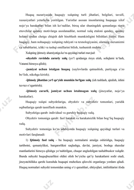 i kurashda huquqni muhofaza qiluvchi organlarga yordam qiladi. huquq normalari subyekt tomonidan uning o‘z qarashlari, ehtiyojlari, intilishlarini ifoda etuvchi obyektiv zarur, maqsadga muvofiq qoidalar sifatida qabul qilinadi. bu shaxsning o‘z-o‘zini anglash yuqori darajasi, uning pozitiv mas’uliyatini kuchli his etishidir. 2) ijtimoiy passiv xulq. subyektlar asosan huquqqa xilof harakatlarni sodir etishdan o‘zlarini tiyib turadilar: alohida faolliksiz qonunlarga befarq rioya etadilar, garchi ba’zan ular bilan ichki jihatdan rozi bo‘lmasalarda. amalda bu majburiy xulqdir. ilmiy tadqiqotlar shuni ko‘rsatadiki, aholining 20%i (rossiyada) jazolanish, fosh qilinishdan qo‘rqib, qulay sharoitlarda jinoyat sodir etishdan bosh tortadilar. demak, aholining bu qismi or-nomus, vijdon amri bilan emas, balki qo‘rquv tufayli huquqqa rioya etadilar. faqat javobgarlikdan qo‘rqish ularni nomaqbul harakatlardan saqlaydi. gegel «huquq falsafasiga tanqid» asarida ta’kidlashicha: «ko‘pincha huquqni jazolanishdan qo‘rqish yoki boshqa ko‘ngilsizliklardan qochish, masalan, yaxshi nom, or-nomus, obro‘ni yo‘qotib qo‘yish, do‘stlari, tanishlari, qarindoshlari ko‘z o‘ngida o‘z obro‘sidan ajrab qolishga yo‘l qo‘ymaslik uchun buzmaydilar». shunga qaramasdan bu huquqiy xulq …
