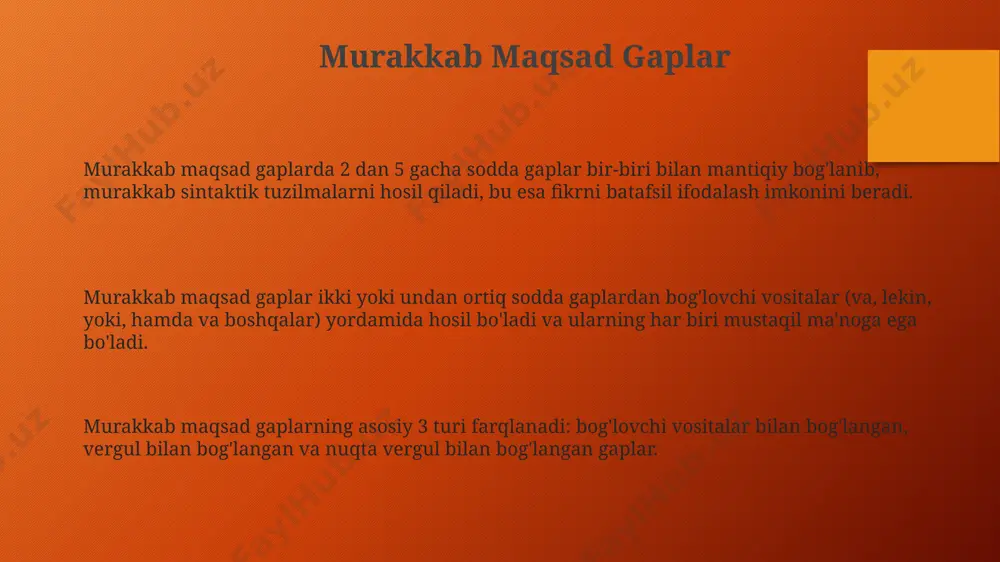 g'langan holda 2 yoki undan ortiq kesimga ega bo'ladi, bu ularni sodda gaplardan farqlaydigan asosiy xususiyatdir. murakkab gaplarning asosiy turlari: bog'lovchi bilan bog'langan murakkab gaplar (masalan, va, lekin, yoki) va bog'lovchisiz murakkab gaplar deb ikkiga bo'linadi, ularning har birida turli xil sintaktik tuzilmalar mavjud. murakkab shart gaplar shartli murakkab gaplarda kamida 2 ta sodda gap bo'ladi va ularning orasidagi munosabat shart yoki oqibatni ifodalaydi, masalan, agar... bo'lsa. murakkab shart gaplarning 3 asosiy turi mavjud: biriktiruvchi, qarama-qarshi qo'shuvchi va ajratuvchi bog'lanishlar bilan bog'langan gaplar. murakkab shart gaplar ikki yoki undan ortiq sodda gaplardan bog'lovchi vositalar (va, lekin, yoki, balki) yordamida hosil bo'lib, ular orasida mantiqiy bog'lanish mavjud. murakkab sabab-oqibat gaplar murakkab sabab-oqibat gaplarning tarkibida fe'l shakllarining turli zamon va mayllarda kelishi, jumla tuzilmasining 3-4 sodda gapdan tashkil topishi mumkin. murakkab sabab-oqibat gaplar ikki yoki undan ortiq sodda gaplardan, bog'lovchi so'zlar yordamida, sabab-oqibat munosabatlarini ifodalovchi 2 ta asosiy tuzilmaga bo'linadi. "chunki", "shuning …