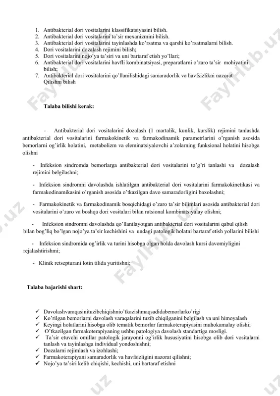 o’tkazishmaqsadidabemorlarko’rigi · ko’rilgan bemorlarni davolash varaqalarini tuzib chiqilganini belgilash va uni himoyalash · keyingi holatlarini hisobga olib tematik bemorlar farmakoterapiyasini muhokamalay olishi; · o’tkazilgan farmakoterapiyaning ushbu patologiya davolash standartiga mosligi. · ta’sir etuvchi omillar patologik jarayonni og’irlik hususiyatini hisobga olib dori vositalarni tanlash va tayinlashga individual yondoshishni; · dozalarni rejimlash va izohlashi; · farmakoterapiyani samaradorlik va havfsizligini nazorat qilishni; · nojo’ya ta’siri kelib chiqishi, kechishi, uni bartaraf etishni · dori vositalarni ratsional va noratsional kombinatsiyalashni; ushbu keysda aks ettirilgan- birlamchi zveno sharoitidagi aniq vaziyat; keysning axborot manbasi; 1. asosiylari: - v.g kukes. “klinik farmakalogiya” moskva 2001. · yu.b.belausov. “klinik farmakalogiya va farmakoterapiya” moskva 2003. · mamadov yu.m. “klinik farmakalogiya” tashkent 1999, 2005. · amaliy mashg’ulot mavzulari bo’yicha o’rgatuvchi programmalar. 2. qo’shimchalari: · bertram katsung “asosiy va klinik farmakalogiya” moskva 2001. · metodik qo’llanma “ infeksion sindromni davolashda dori vositalarini dozalashga va ularni effektivligini baxolashga klinik-farmakologik yondoshish” · metodik qo’llanma “ …