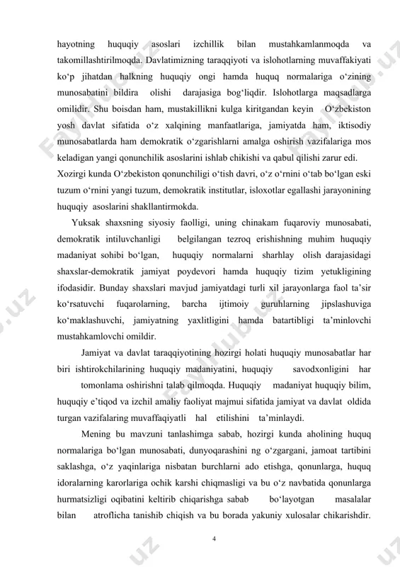ini ta’minlaydi. mening bu mavzuni tanlashimga sabab, hozirgi kunda aholining huquq normalariga bo‘lgan munosabati, dunyoqarashini ng o‘zgargani, jamoat tartibini saklashga, o‘z yaqinlariga nisbatan burchlarni ado etishga, qonunlarga, huquq idoralarning karorlariga ochik karshi chiqmasligi va bu o‘z navbatida qonunlarga hurmatsizligi oqibatini keltirib chiqarishga sabab bo‘layotgan masalalar bilan atroflicha tanishib chiqish va bu borada yakuniy xulosalar chikarishdir. bizga ma’lumki, shark kishisiga "nodonga javob-sukut" tarzida yashash xos. u birovga, ayniqsa, davlat va huquq idoralariga biror e’tiroz bildirishdan oldin keyin o‘zimga, oilamga biror korixol bo‘lib qolmaydimi degan xayolga boradi. bu esa uni oxir oqibat sukut saqlashga, ko‘rganini ko‘rmaganlikka olishga majbur etadi. bunday kishilar "sen menga tegma, men senga tegmayman" qabilida ish tutadi-lar. jamiyatdagi bu guruh kishilari o‘ta zararli hisoblanib, ular boshqalar ongida ham mavjud tuzum, xuquk-tartibot, huquqiy normalar haqida noto‘g‘ri karashlarni, fikrlarni uyg‘otishga olib keladi. yana shuni ta’kidlab o‘tishim mumkinki, mustaqillikka erishganimizdan so‘ng, xalqimiz oldida turgan ulkan maqsad va oliy niyat mustaqilligimizni barkaror va …