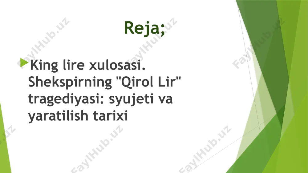 okligini ko'rib, uni mamnuniyat bilan o'z xotiniga oldi. katta qizlari, otaning aqli yo'qligiga ishonib, iloji boricha qirolni hokimiyatdan olib tashlashga qaror qilishadi. gloster grafining noqonuniy o'g'li edmund otasining sevgisi, merosi va faxriy unvoniga ega bo'lish uchun ukasi edgardan qutulishga qaror qiladi. u otasiga akasi yozgan maktubni ko'rsatadi, u erda edgar uni otasini birga o'ldirishga ko'ndiradi. va u birodariga graf uni yo'q qilmoqchi ekanligini aytadi. ishonchli gloster o'z o'g'lidan voz kechdi va uni qidiruvga qo'ydi. edgar o'zini aqldan ozgan tomga o'xshatib, yashirinishga majbur bo'ladi. podshoh o'z xizmatkorlarining tayog'ini ikki baravar kamaytirgan goneril bilan qoladi va o'zinikiga otasini rag'batlantirmaslikni buyurdi. kai qiyofasida surgun qilingan kent qirolning sodiq xizmatkoriga aylanadi. qizning va uning sudining beparvo munosabati otani xafa qildi. uni la'natlab, qirol reganning oldiga bordi. u bo'ronli tunda otasini ko'chaga haydab chiqaradi. qirol, hazil-mutoyiba va kent ob-havodan kulbaga panoh topishadi va u yerda o‘zini aqldan ozgandek ko‘rsatgan edgarni uchratadi. goneril regan va uning …